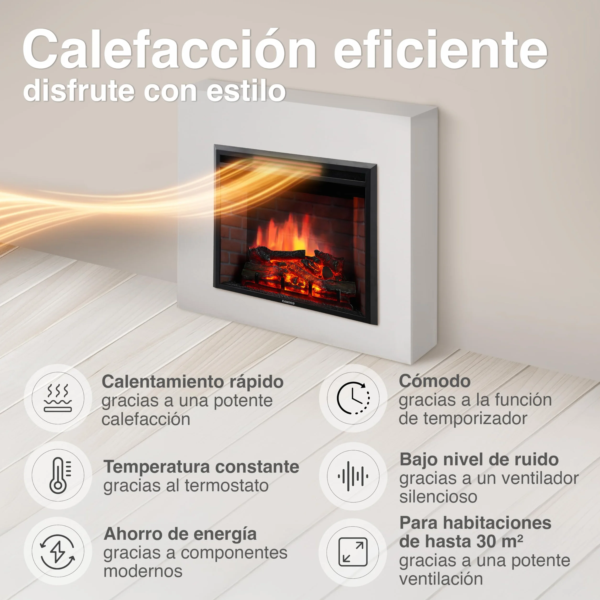 KAMINIO Eléctrica Chimenea Luca - Chimenea empotrada eléctrica con calefacción, Efecto de Llama 3D, 12 Colores de Llama, Control Remoto (30 Pulgada)