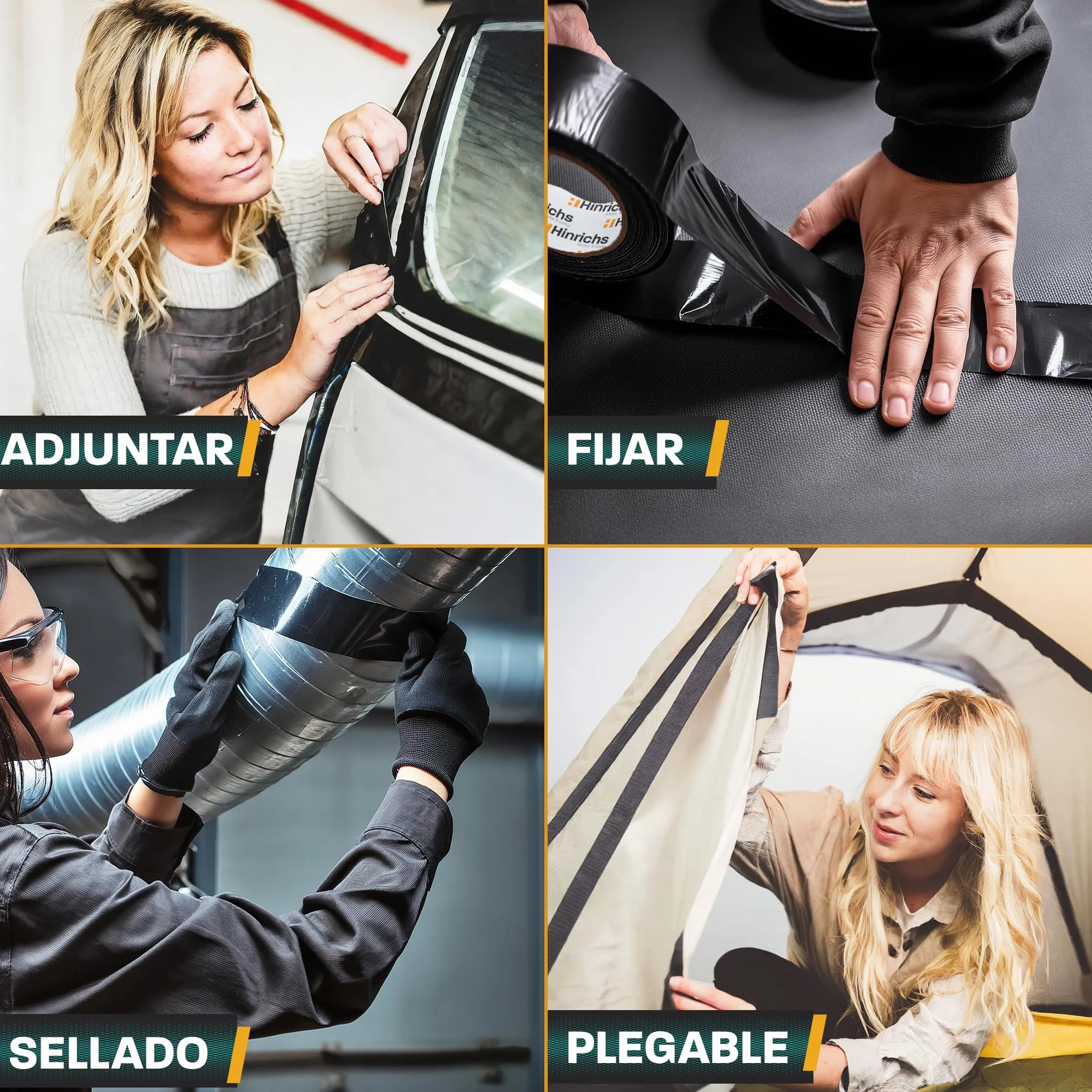 Hinrichs Cinta Americana Negra 4 Rollos 50m x 50mm – Cinta Adhesiva Impermeable y Extra Fuerte – Herramientas Lluvia y Reparaciones – Cinta Multiusos para Bricolaje, Embalajes y Uso Exterior Duradero