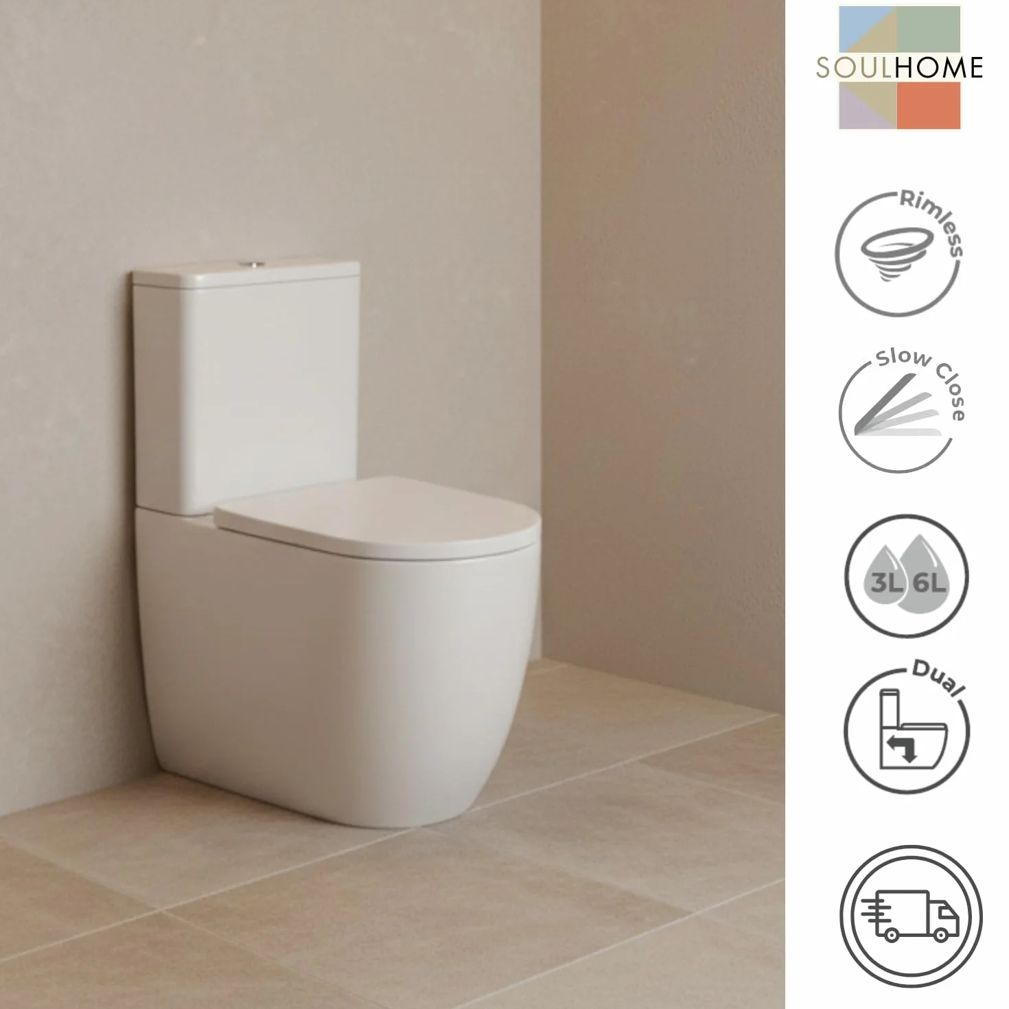 SOULHOME Pack Inodoro Completo Rimless Curvo Blanco Mate | Tapa Amortiguada | Salida Horizontal/Vertical | Doble Descarga Eco | Pulsador Dorado