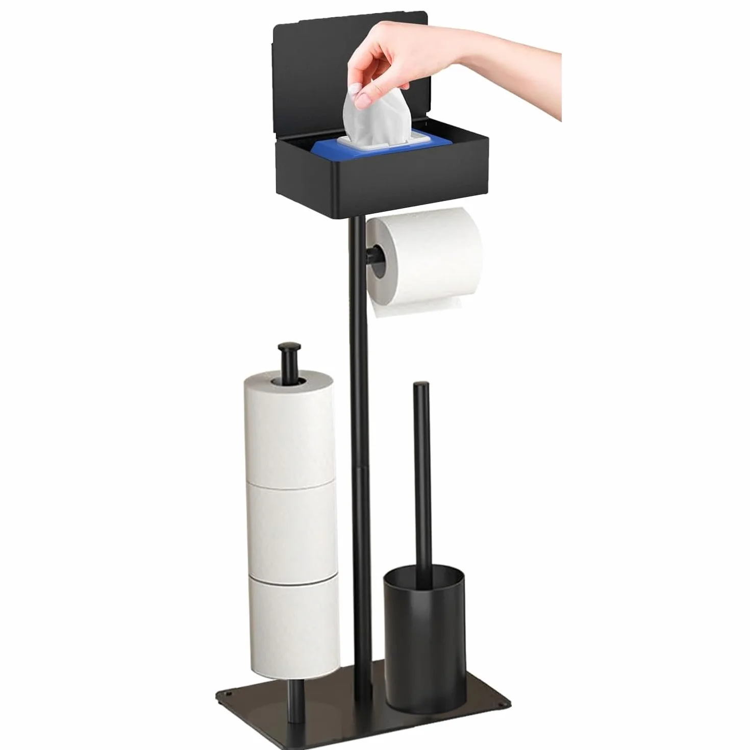 Portarrollos de Papel Higiénico de Pie, GUIGUZI Negro Acero Inoxidable Soporte para Papel Higiénico y Escobilla con Caja de toallitas húmedas, Escobilla y Portarrollos de Papel Higiénico
