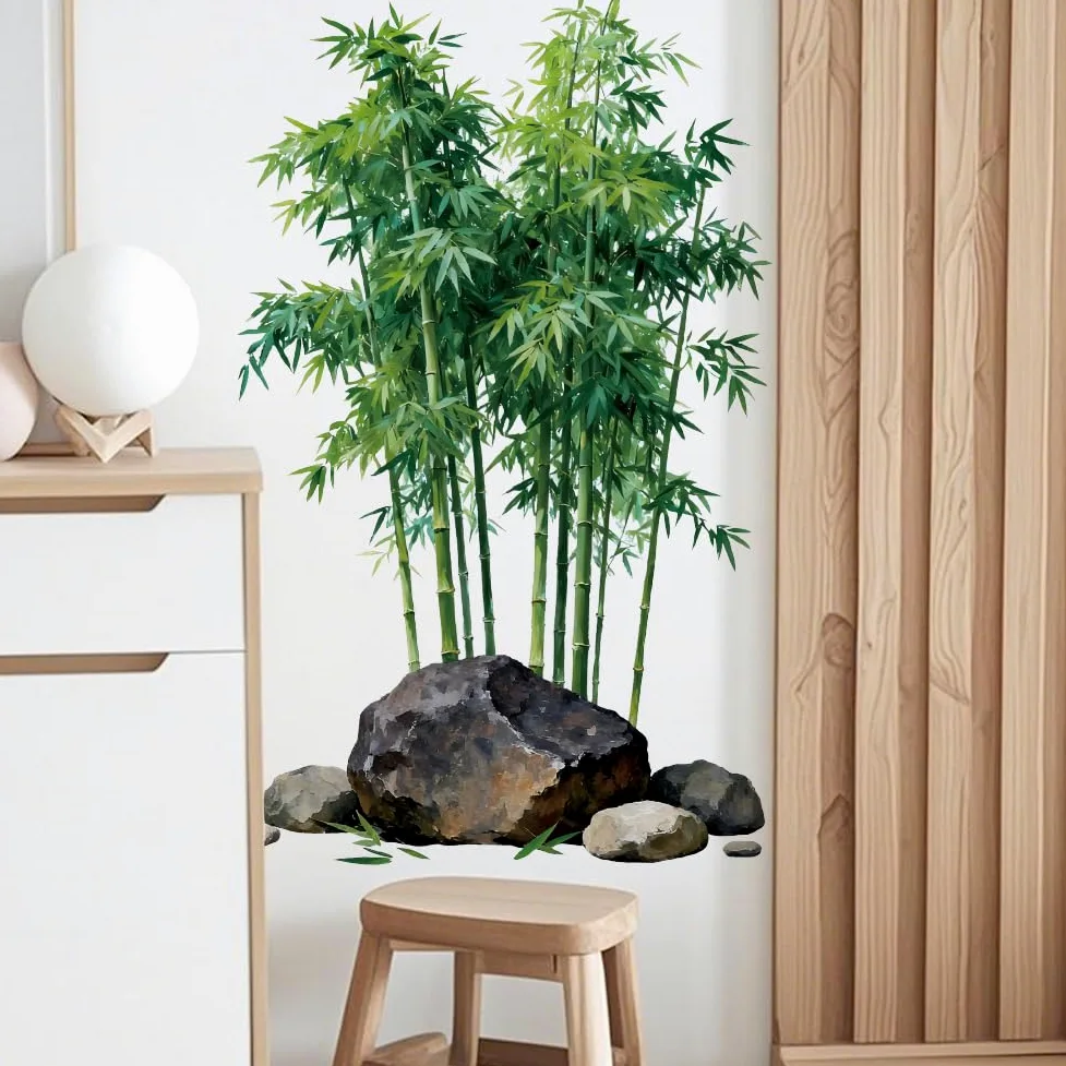 Peacoblue Calcomanías de pared de bambú y piedra, removibles para despegar y pegar, 1 hoja de murales de vinilo de 15 x 23.6 pulgadas para dormitorio, sala de estar, sala de estar, baño, aula