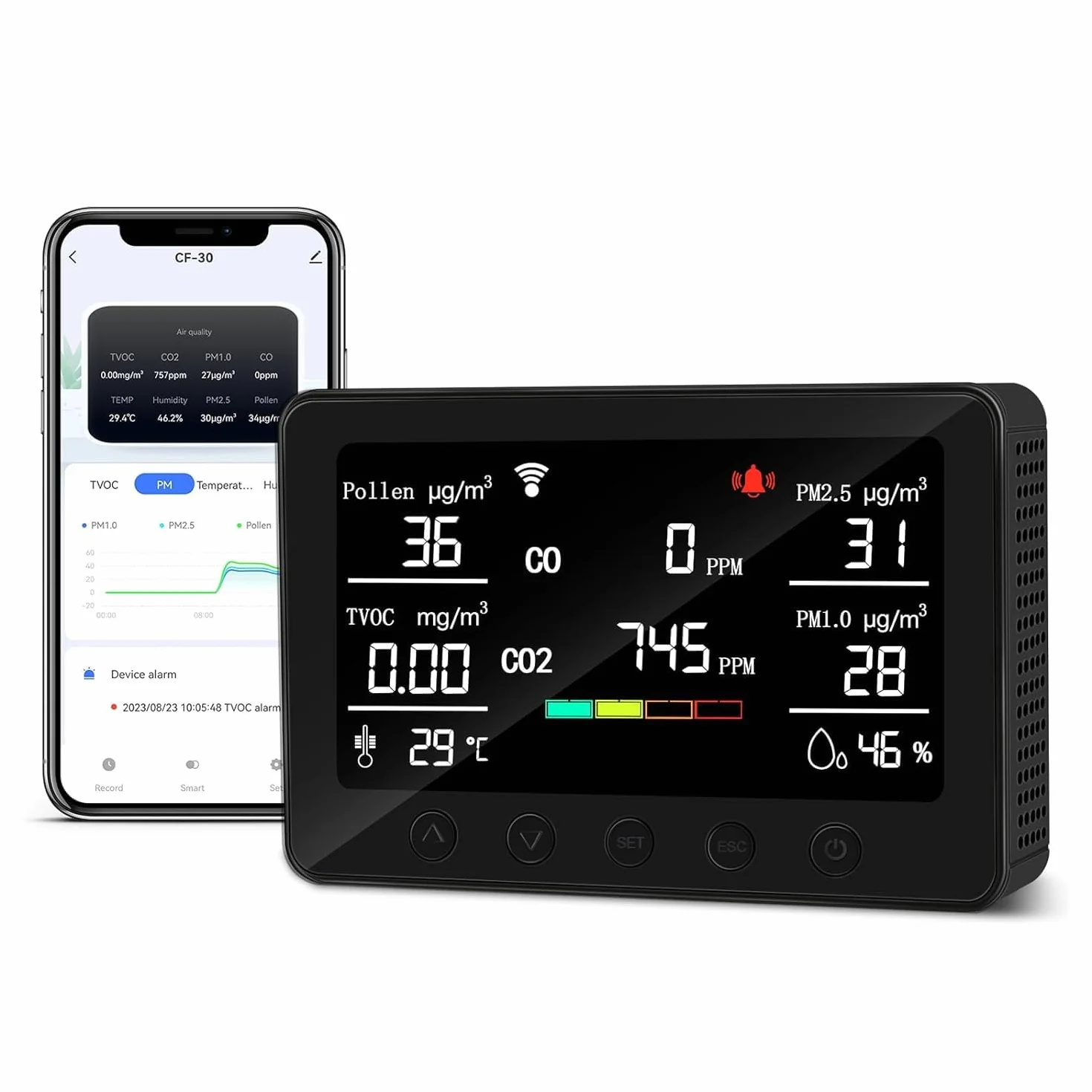 CF-30 Monitor de calidad del aire para interiores para polen, CO2, PM2.5, PM1.0, TVOC, temperatura, humedad, contaminación del aire con pantalla LCD grande, APP para configuración e historial