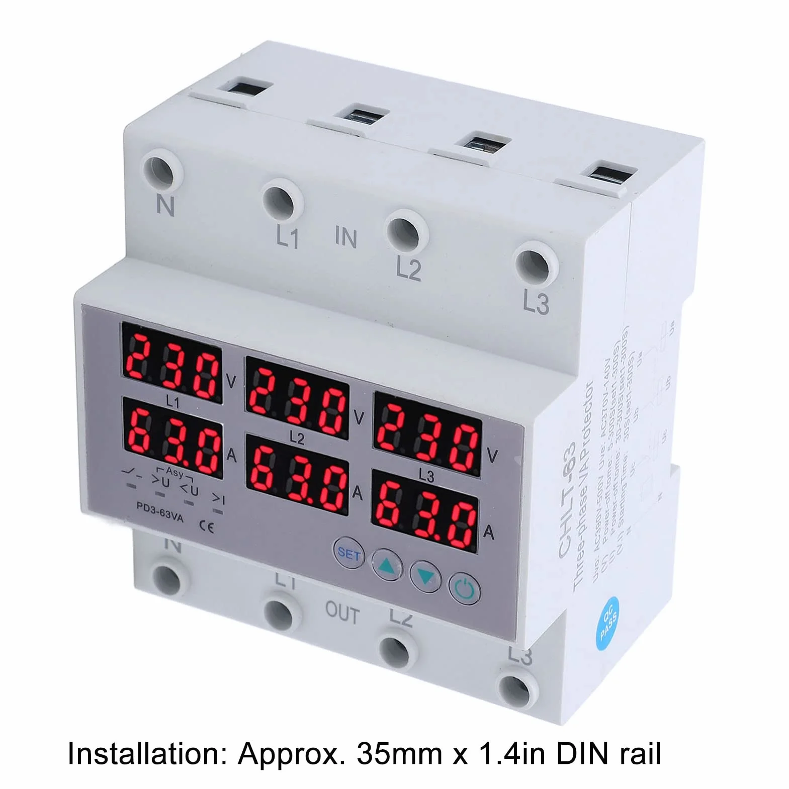 63A Probador Múltiple Amperímetro Voltímetro Riel DIN Trifásico CA 390‑500V Protector Sobrecorriente Sobrevoltaje Automático