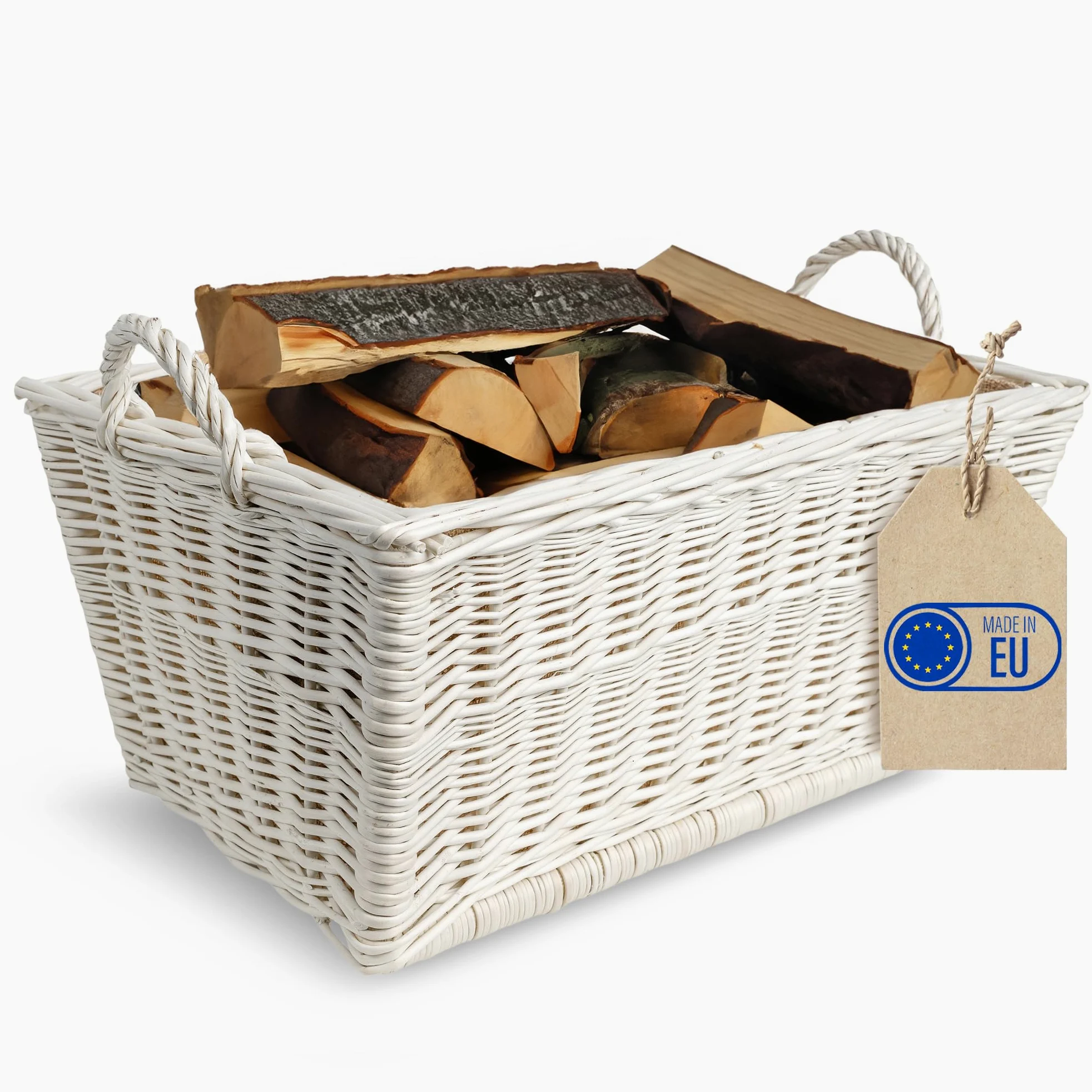 Creative Home Cesta de Mimbre Blanca para Almacenar Leña 47x33x30cm | Tela de Yute | Asas | Rectangular Grande | Tejida a Mano Duradera Interior | Sauce Grueso Natural | Multiuso