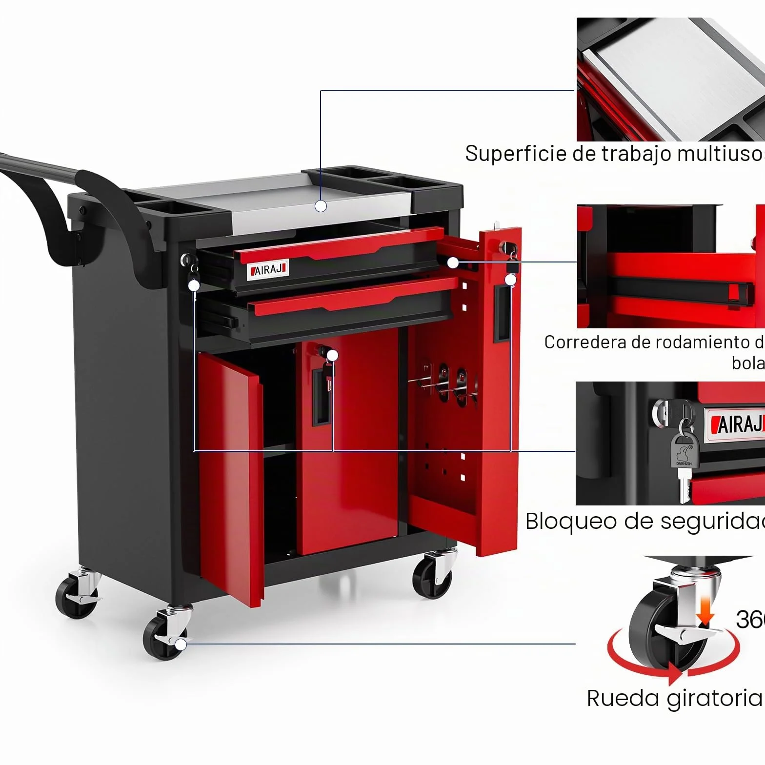 AIRAJ Carro Herramientas 2 Cassetti Grande Capacità Multiuso con Ruote Cassetto Laterale para Garage