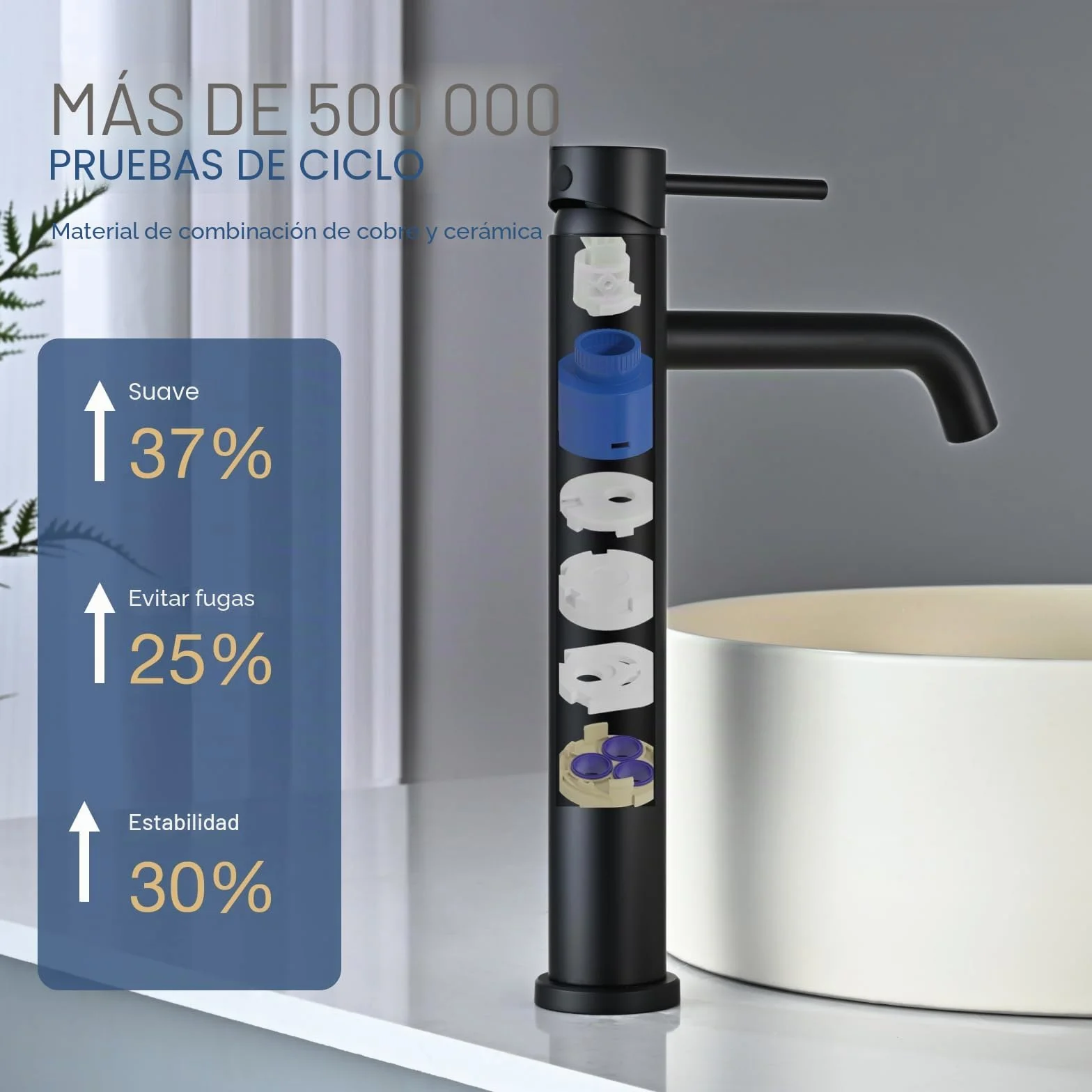 Grifo Lavabo Alto Negro Mate, DETBOM Grifo Monomando Lavabo Agua Fría y Caliente, Grifos para Lavabo de Encimera, Mezclador de Baño de Acero Inoxidable 304, Aireador Extraíble, Altura de Caño 204mm