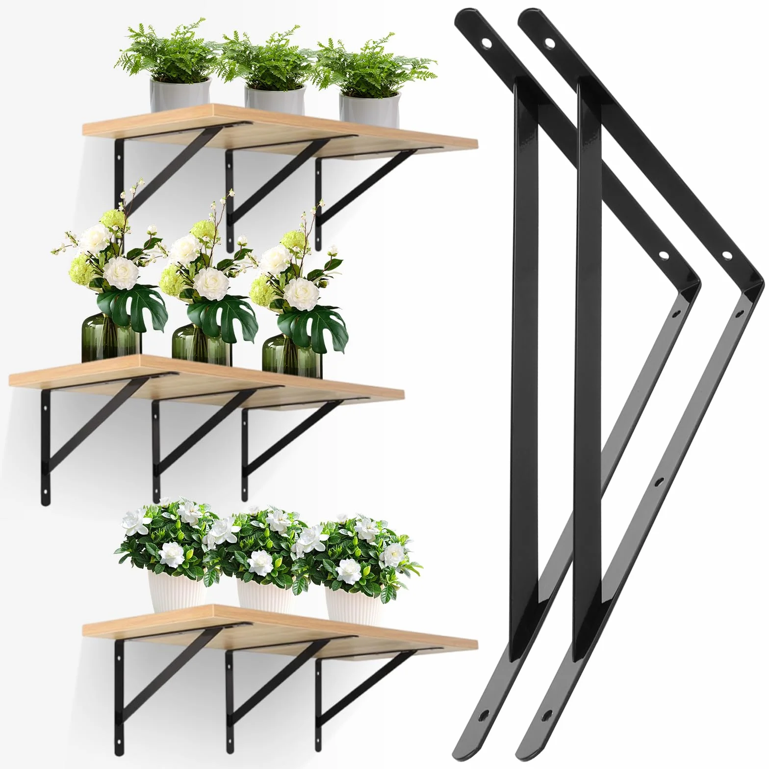 12 soportes para estanterías de 190 x 300 mm, color negro de metal, ángulo de carga pesada para montaje en pared, mesa plegable para montaje en pared, banco de trabajo, estantería de