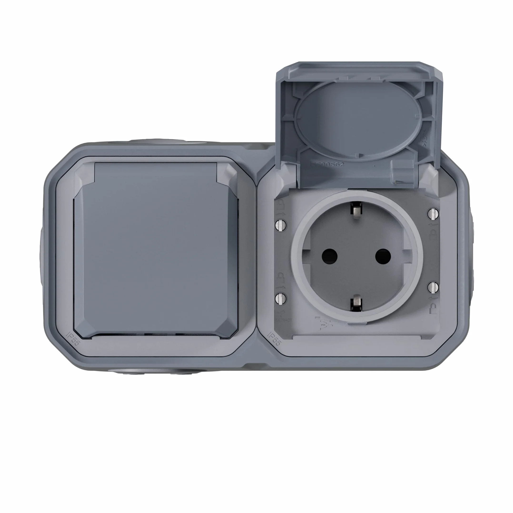 Legrand - Enchufe Doble 2P+T 16A con contacto lateral de tierra - Plexo - Estanco IP55 - Montaje en superficie - Gris - 069742LE