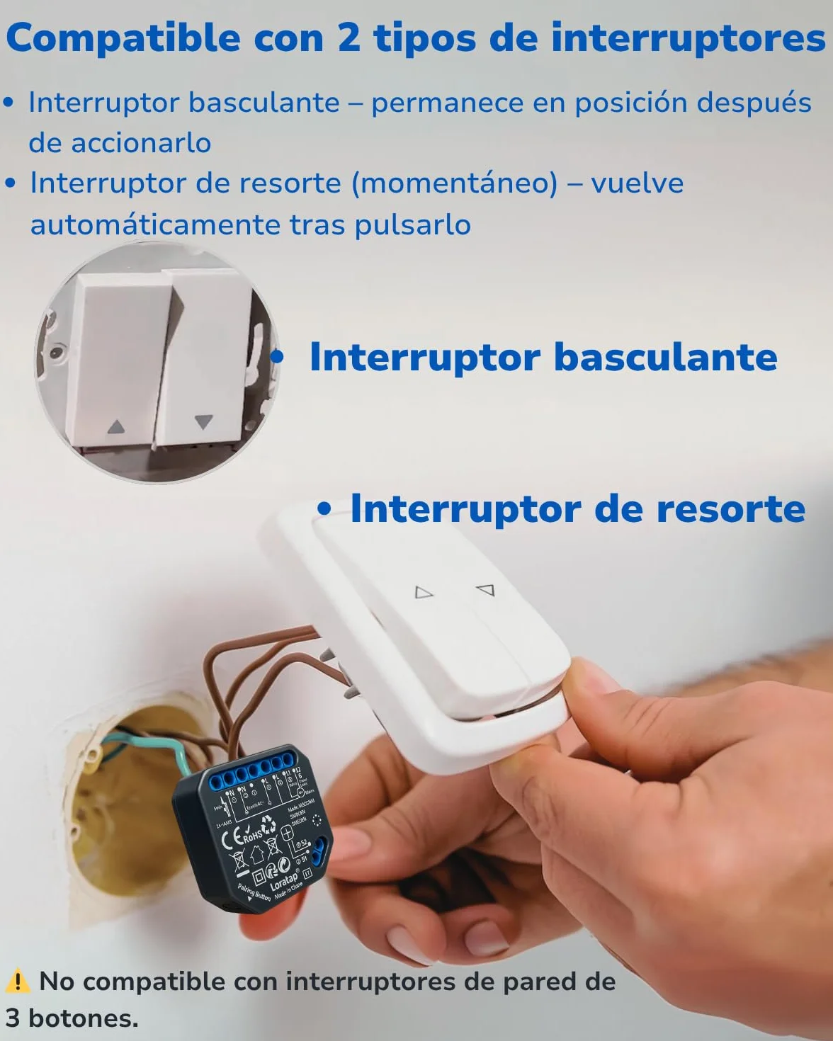 LoraTap Interruptor Persiana WiFi 2 Unidades: Apertura 0–100% con App | Apertura precisa sin parada manual – Grupos – Horarios – Control por voz – Sin hub – Conserva interruptor – AC 4 hilos 300W