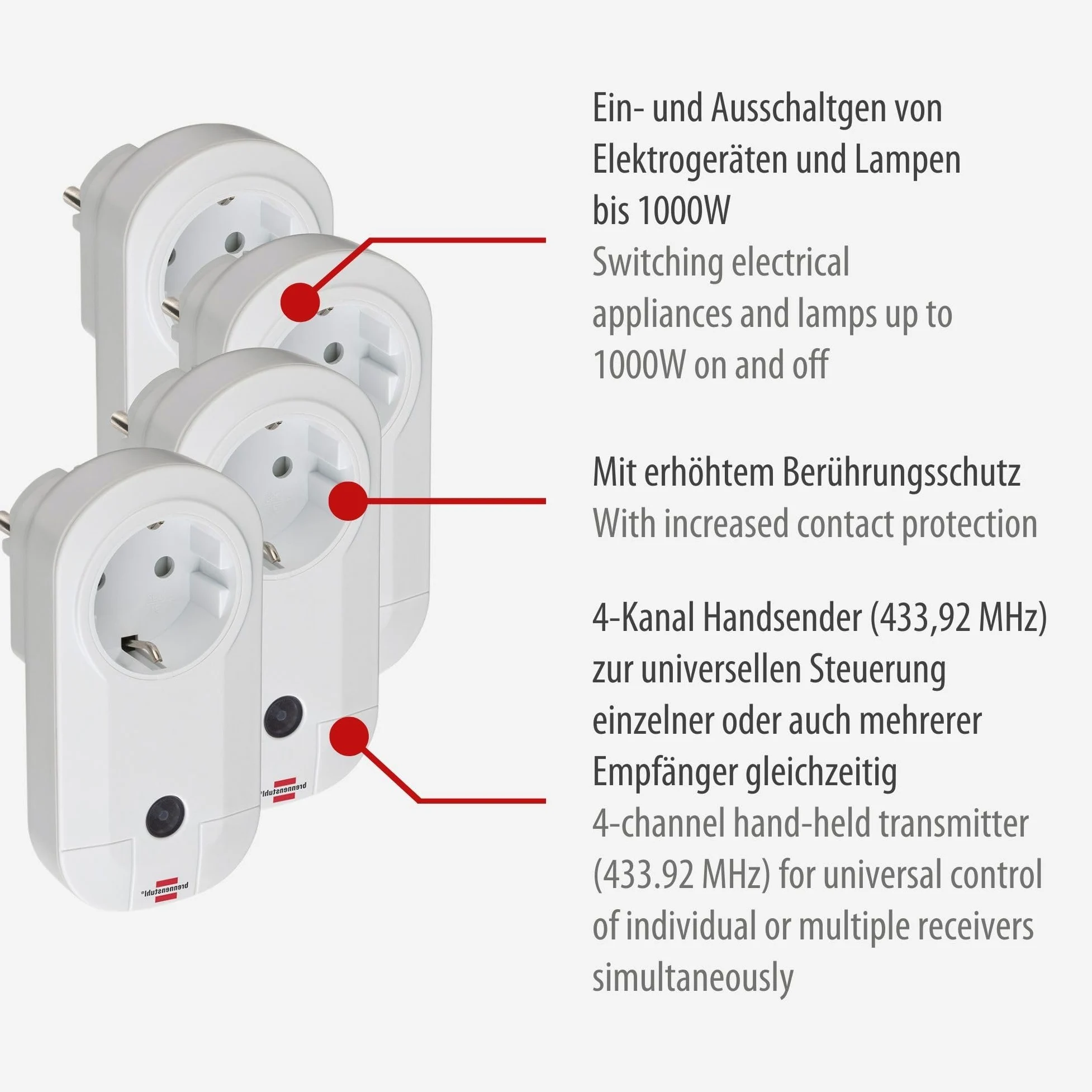Brennenstuhl Comfort-Line set de 4 enchufes de radio (enchufes inalámbricos para uso en interiores, mando a distancia, radio control)