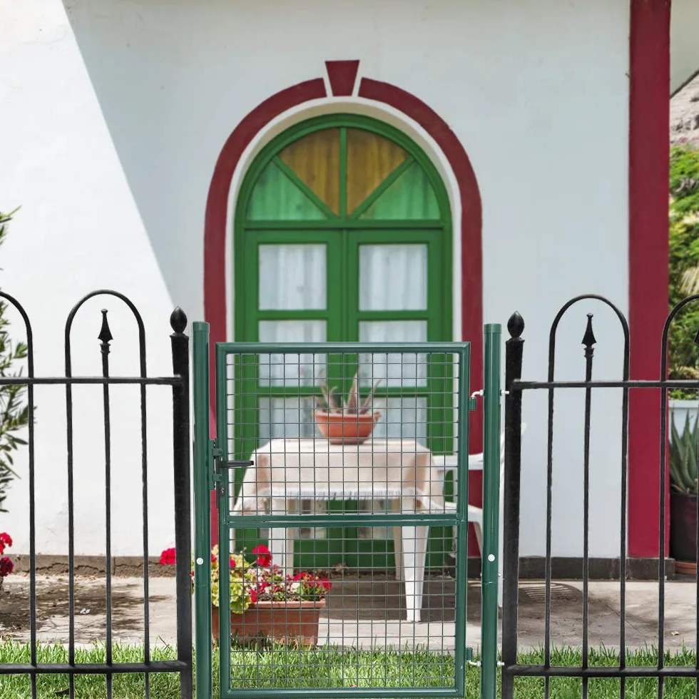 Puerta de jardín de acero galvanizado, puerta de jardín, puerta de patio, puerta de valla, verde, con cerradura y picaporte (100 x 100 cm)