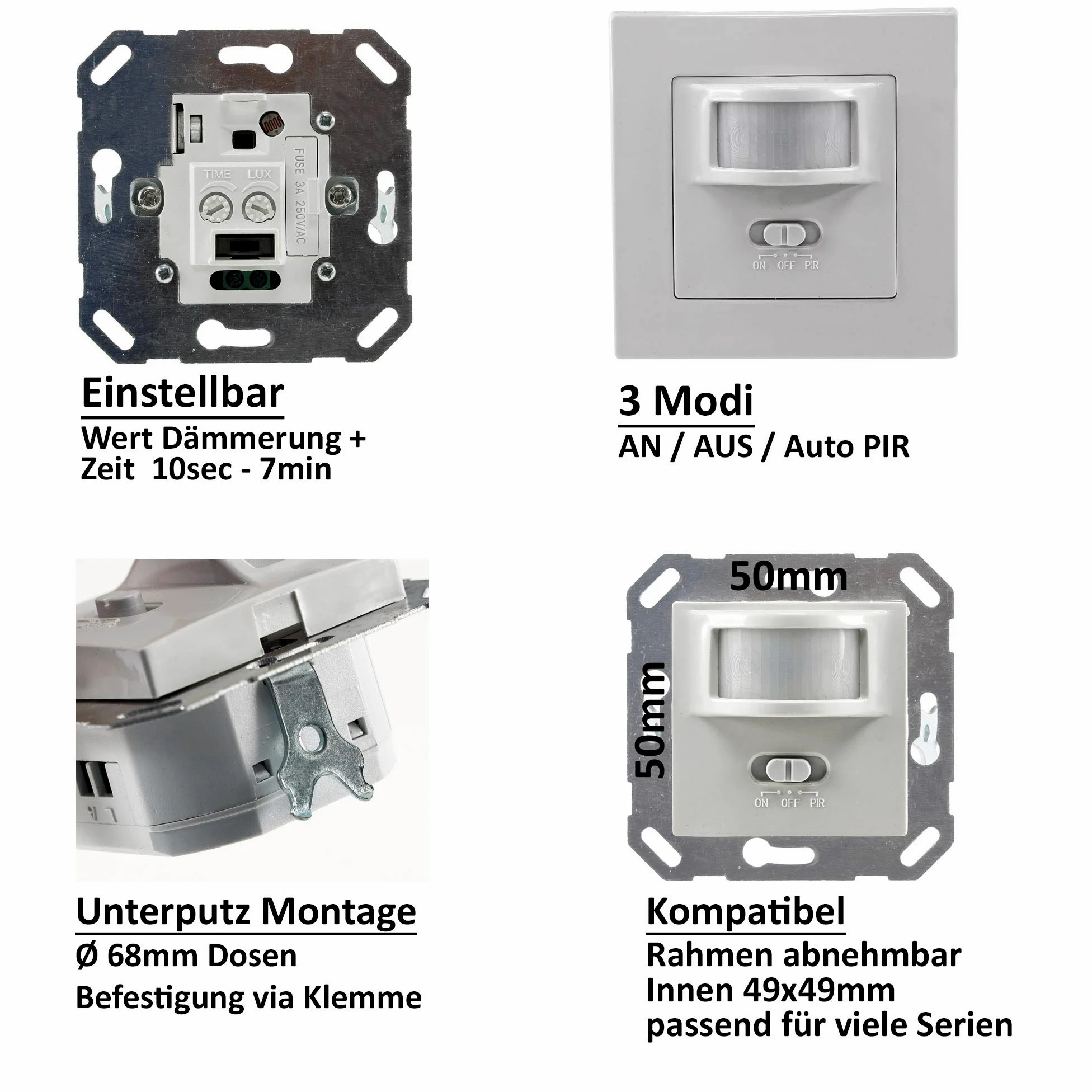 ChiliTec Detector de movimiento (2 unidades, empotrable, LED, alcance de 9 m, tecnología IP20, sustituye a un interruptor), color blanco