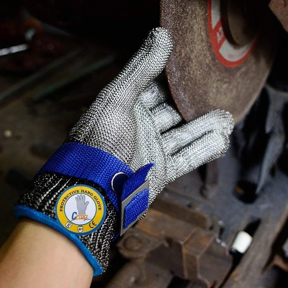 Guante seguridad malla acero inoxidable anticortes nivel 5 protección talle L azul