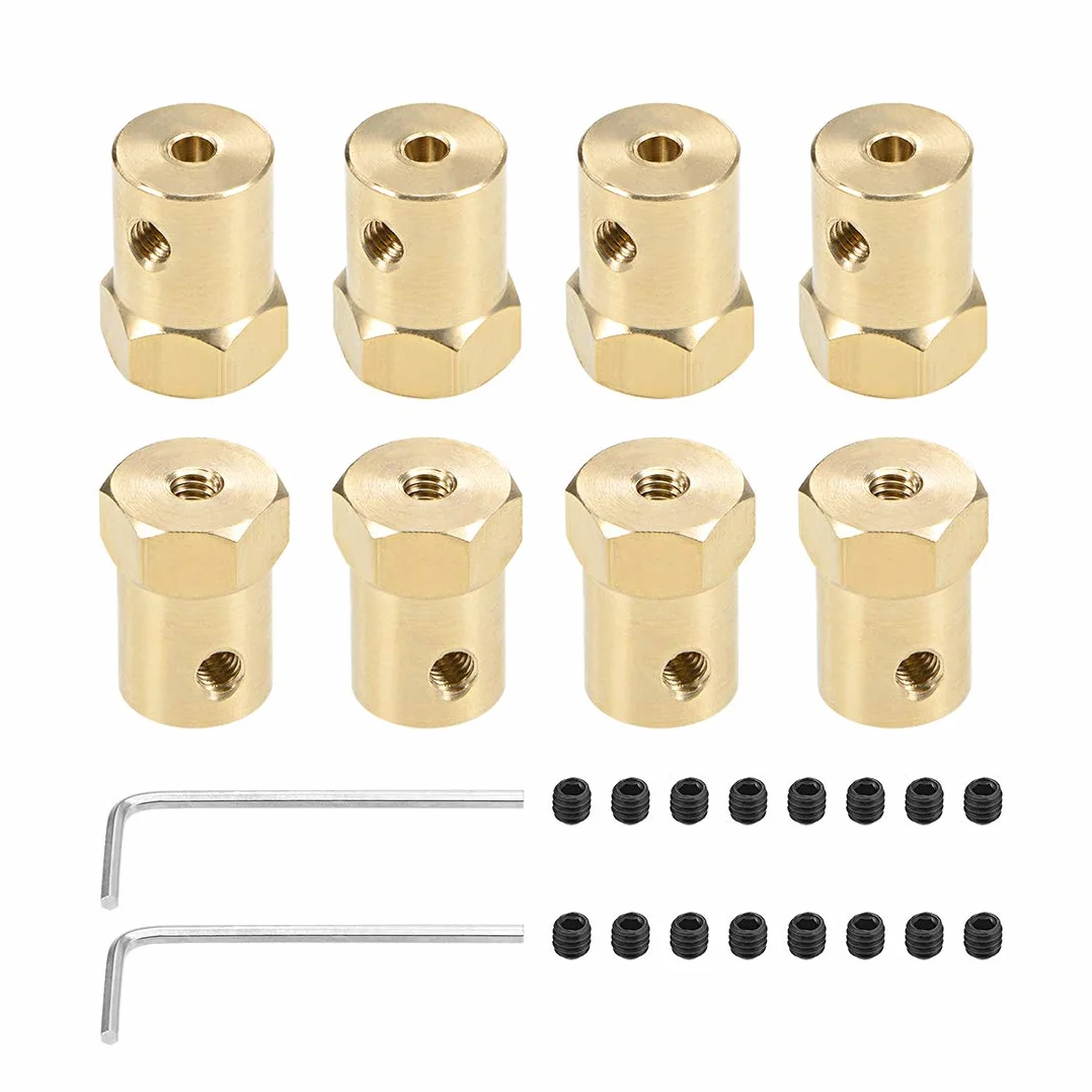 sourcing map Hexagonal Acoplador 3mm Diámetro Motor Hexagonal Latón Eje Acoplamiento Flexible Conector para Coche Ruedas Neumáticos Eje Motor 8uds
