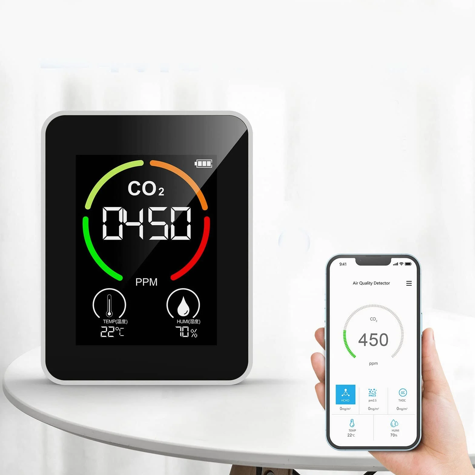 Detector CO2 5 en 1 Portátil con HCHO TVOC Temperatura Humedad para Hogar Oficina a Pilas