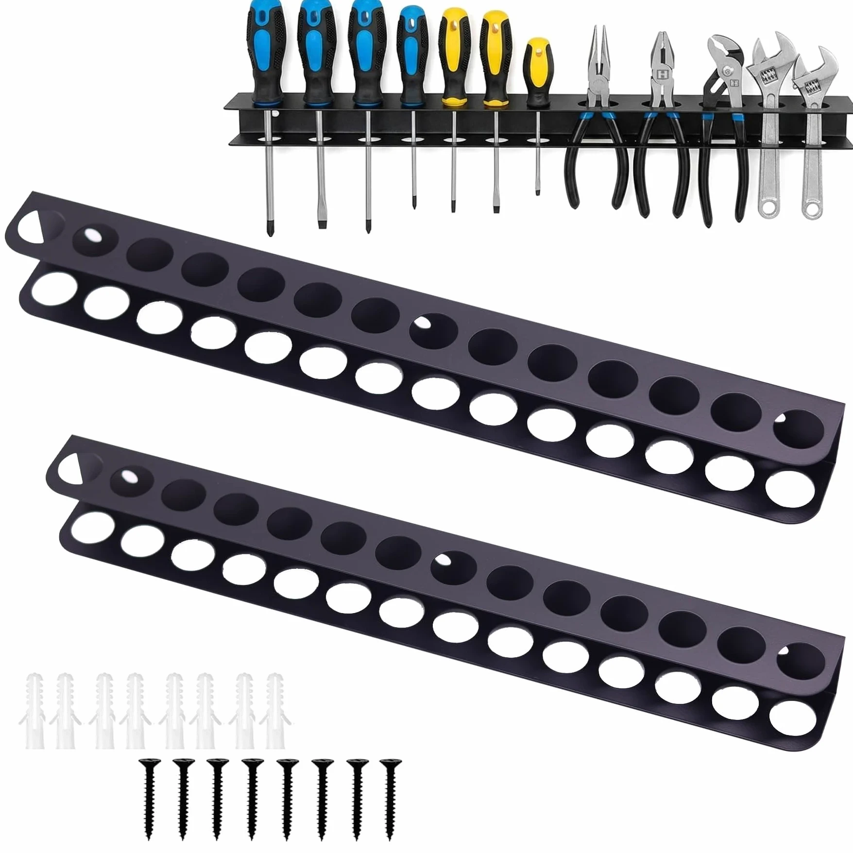2 piezas de soporte de pinzas para pared, soporte de pared de 40 cm para herramientas, soporte de pared con 14 agujeros para herramientas con tornillos y tubo de expansión, accesorio para taller