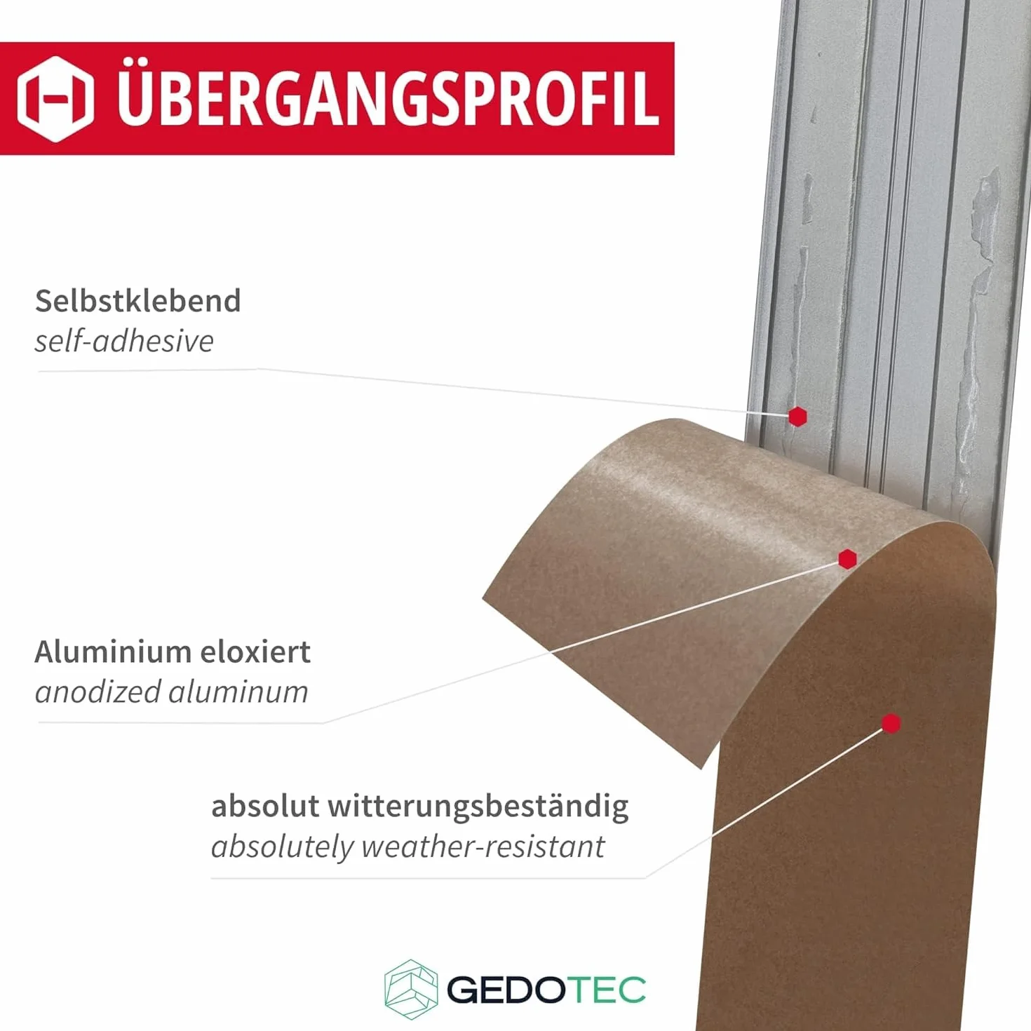 Gedotec Perfil de transicion autoadhesivo Plata 2000 mm alu - Longitud 2 m anchura 37 mm - aluminio anodizado - Made in Germany - sin taladrar - listón umbral