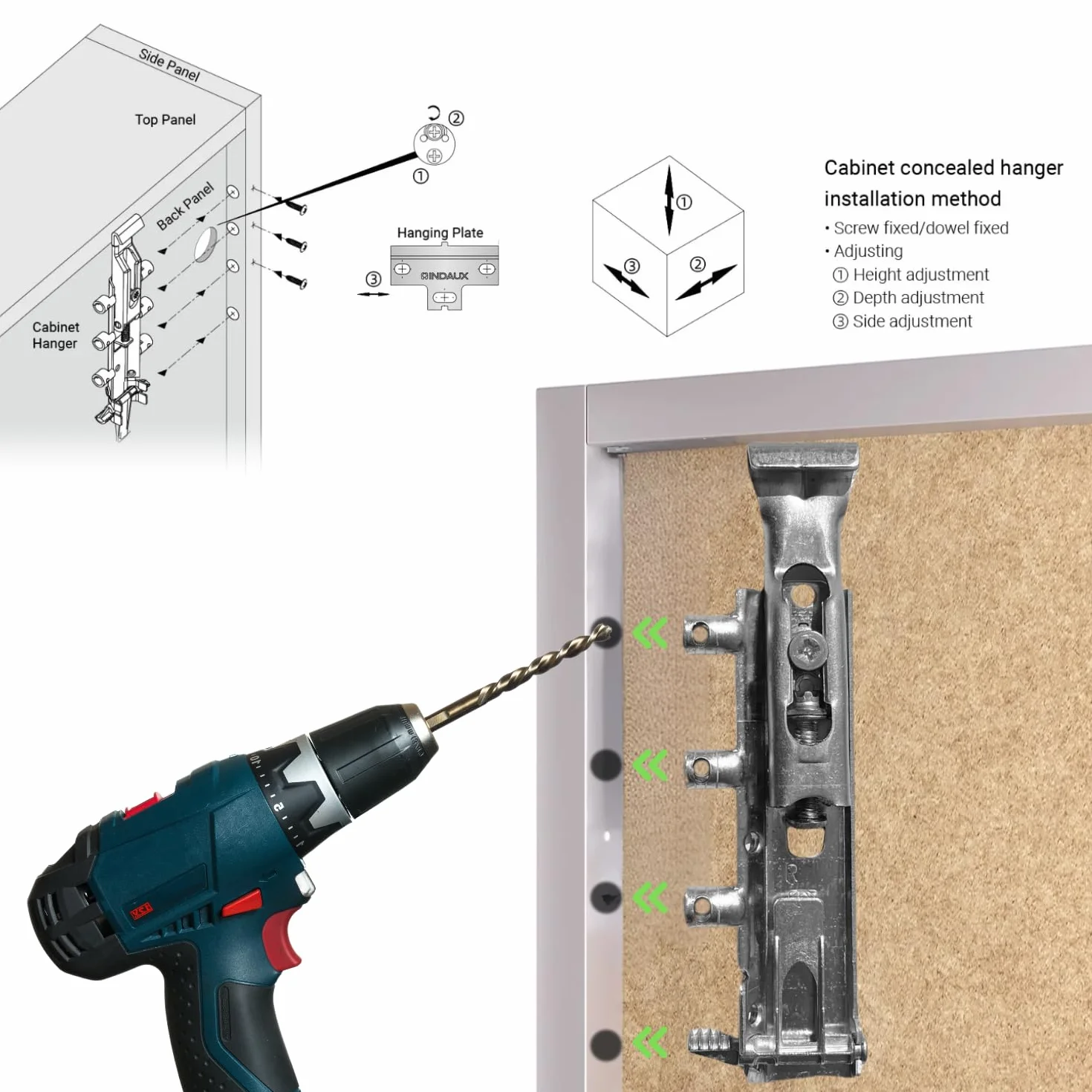 INDAUX Traser-6 perchas invisibles ajustables para muebles suspendidos DIN 68840 níquel 65 kg kit