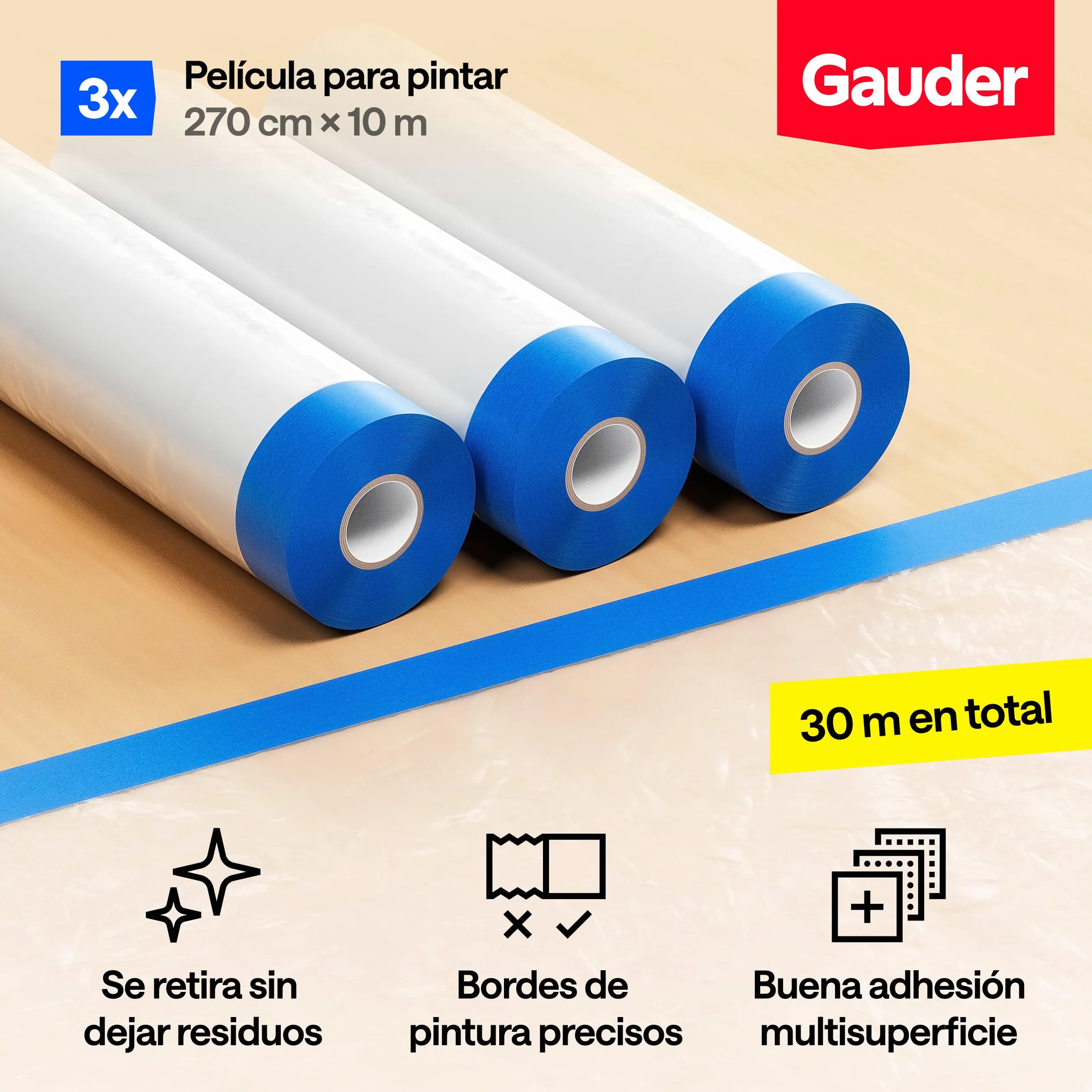 GAUDER Film protector con cinta adhesiva - 81 m² de plástico autoadhesivo - Para ventanas, puertas e interruptores (3 Rollos - 270 cm x 10 m)