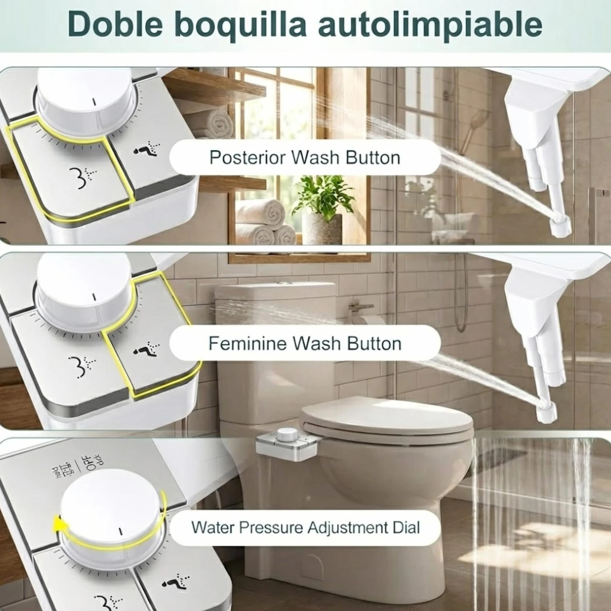 Bidé para WC No Eléctrico - Boquilla Dual de Autolimpieza para Lavado Frontal y Trasero, Accesorio Bide de Fácil Instalación Asiento de Inodoro Rociador de Agua Fria con Presion Ajustable