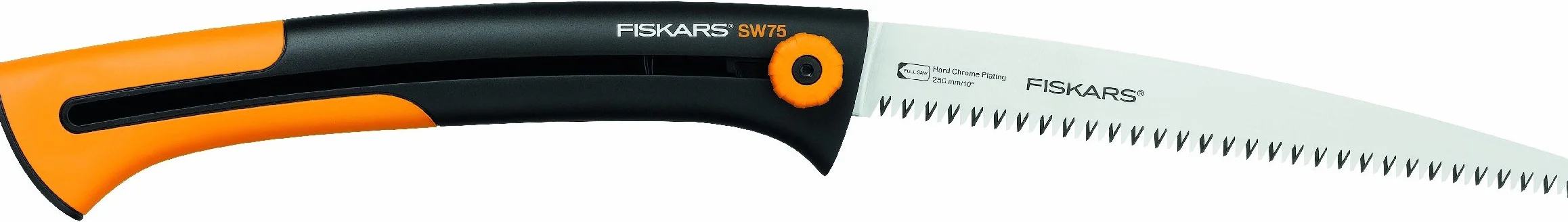 Fiskars Sierra larga retráctil, Para madera verde, Cuchilla retráctil, Dientes grandes, Corte tirante, Longitud de cuchilla: 25,5 cm, acero inoxidable, Negro/Naranja, Xtract, SW75, 1000614