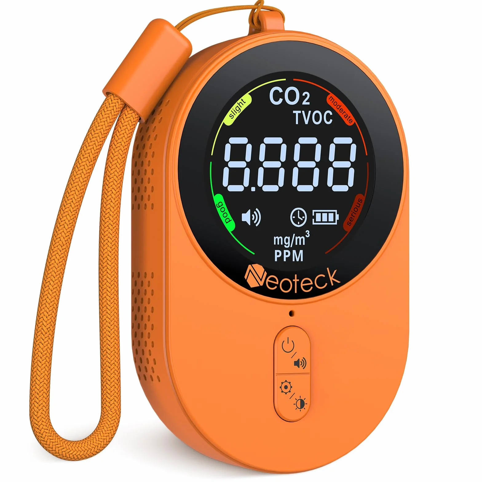 Neoteck Medidor de CO2 Portátil 1s Refresh 2 en 1 Detector de CO2 TVOC con Alarma de Zumbador y Cordón, 700mAh Batería Recargable Incorporada Mini Detector CO2 para Camping Aventura Casa Hotel Coche