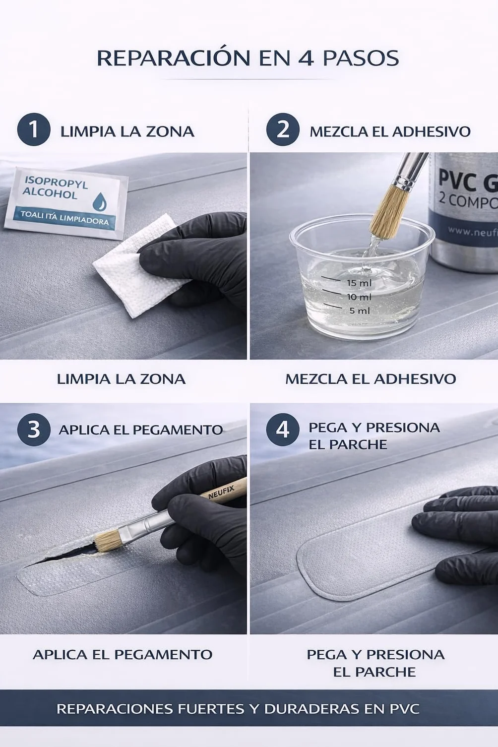 Kit Reparación PVC Profesional – Pegamento PVC 2 Componentes para Zodiac, Paddle Surf, Kayak y Hinchables – Incluye Parches, Pincel, Vaso, Guantes y Toallita (125 ml)