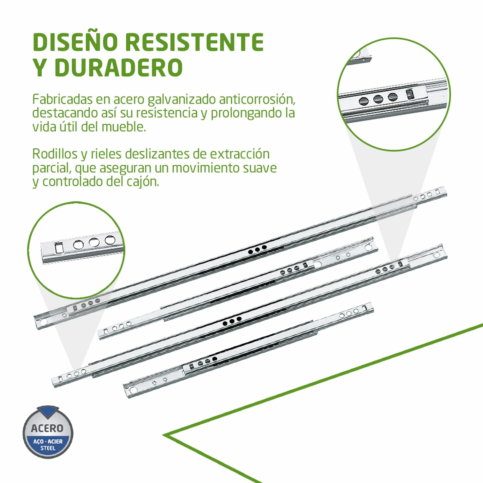 Amig Juego de 2 Guías Correderas Metálicas Acero Galvanizado 310 x 17 mm 15 Kg/Par Extracción Parcial