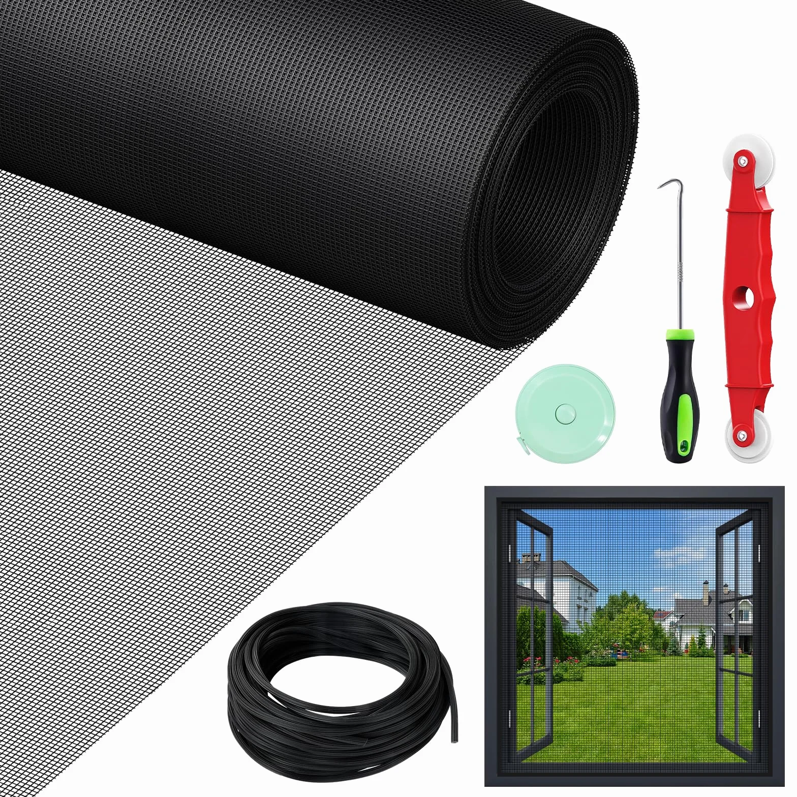 Mosquiteras para Ventanas, 150x500cm Tela Mosquitera Ventana Ajustable Sin Perforar, Malla Mosquitera Ventana con Kit de Instalación, Rollo Mosquitera Fibra de Vidrio Ventanas Puertas Patios