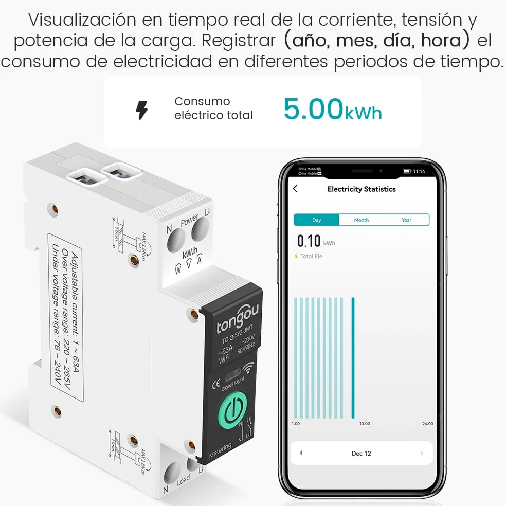 TONGOU SY2 JWT | WLAN Relé Inteligente Interruptor | Medición Potencia | Automatización Hogar | TUYA APP​ NO Hub Requerido | Control Inalámbrico Iluminación +Electrodomésticos