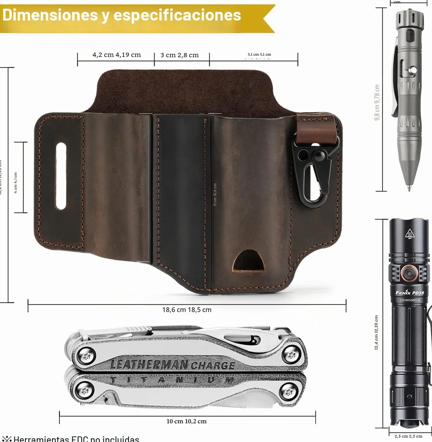 VIPERADE PJ13 EDC Funda de cuero, Multitools Funda/Herramientas Funda/Cuchillo Cinturón Funda/Linterna Vaina para Leatherman Multitools/Cuchillos, Hecho a Mano 3 Bolsillos Organizador Funda