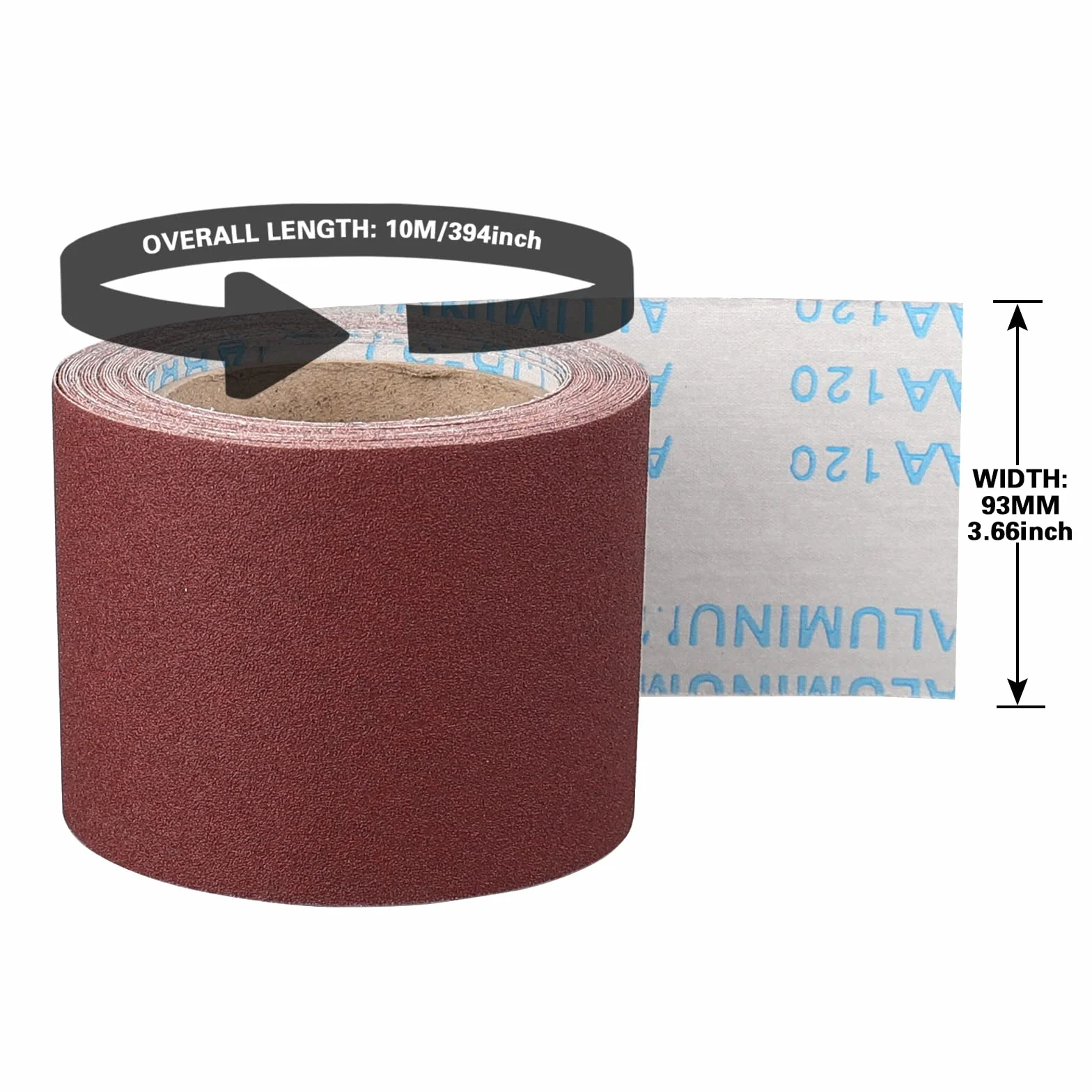 Rollo de Papel de Lija Grano 120, 93 mm x 10 m, Lijador de Corindón Paño Suave para Madera Metal Acero Inoxidable