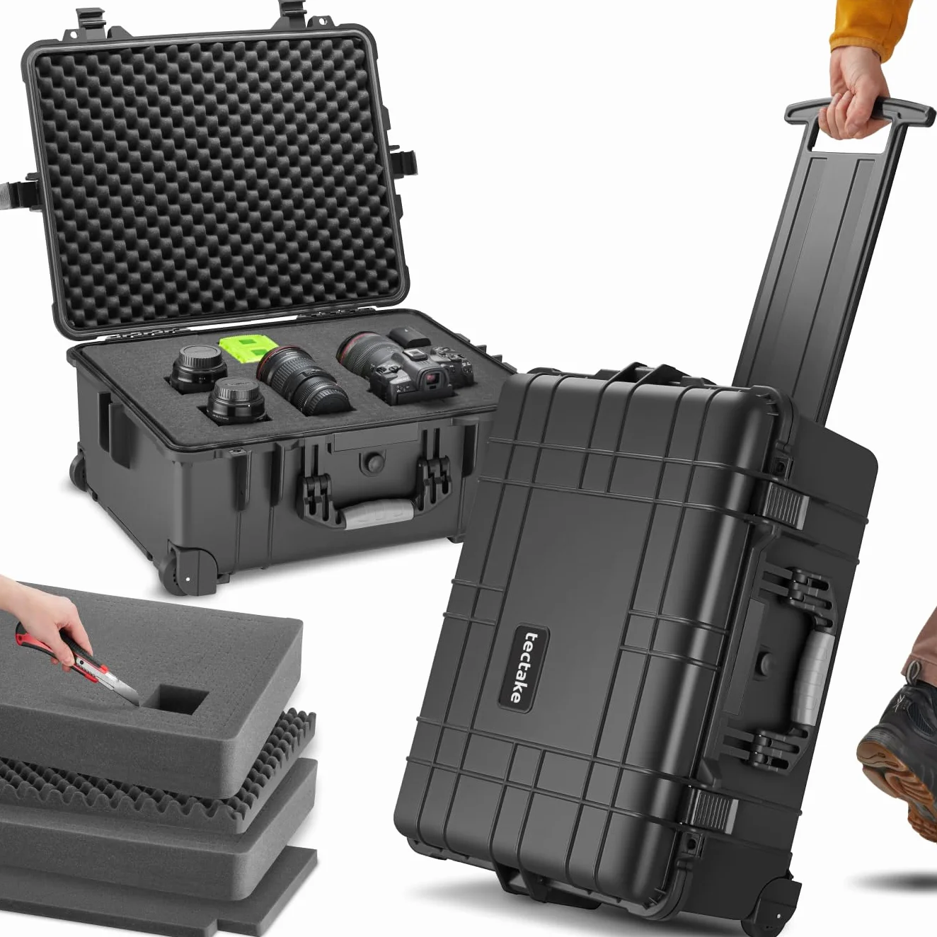 tectake® Maletín Cámara Vacío con Espuma, Carcasa Rígida, Carro Herramientas a Prueba de Golpes, Caja Herramientas con Ruedas y Asas Telescópicas, Resistente a la Intemperie, 56 x 46 x 27 cm