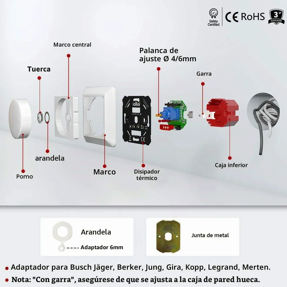 interruptor regulador de luz, encendido/apagado giratorio LED atenuador interruptor para Regulable LED/incandescente/bombillas halógenas, 2 vías, 3-150W (1-10 LEDs)