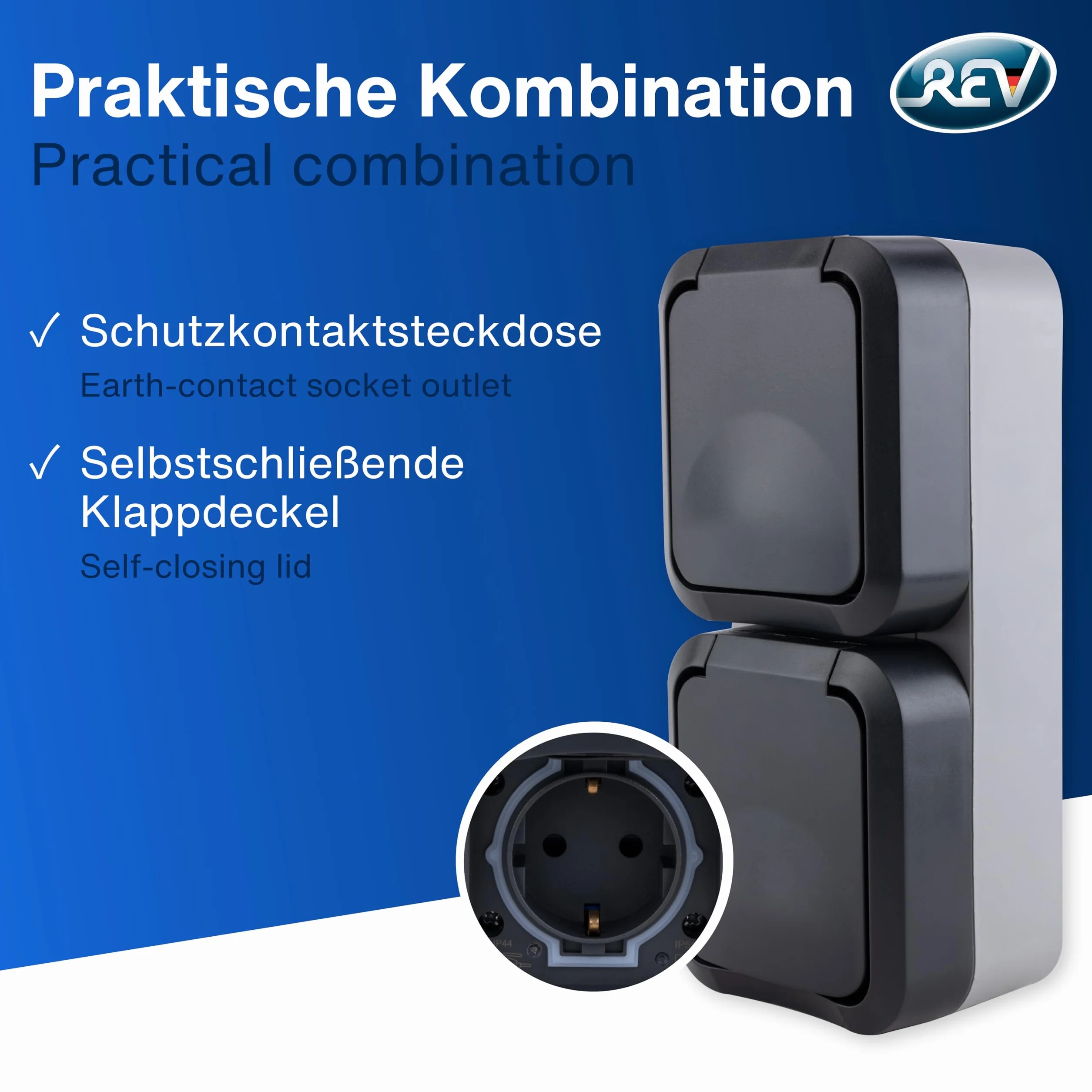 REV - AquaStorm, doble enchufe, IP55, bipolar, montaje en superficie vertical, 230 V, 16 A, antracita