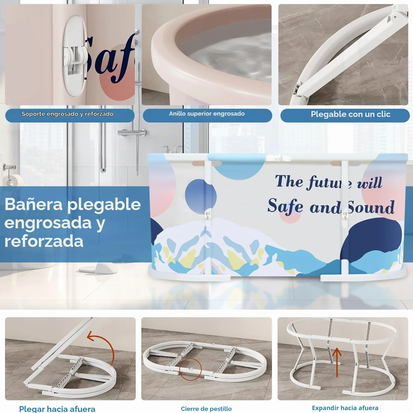 Bañera plegable para adultos de 120 cm, bañera independiente con marco de plástico y doble desagüe, para baño en casa, baño pequeño, ducha, interior exterior (azul claro)