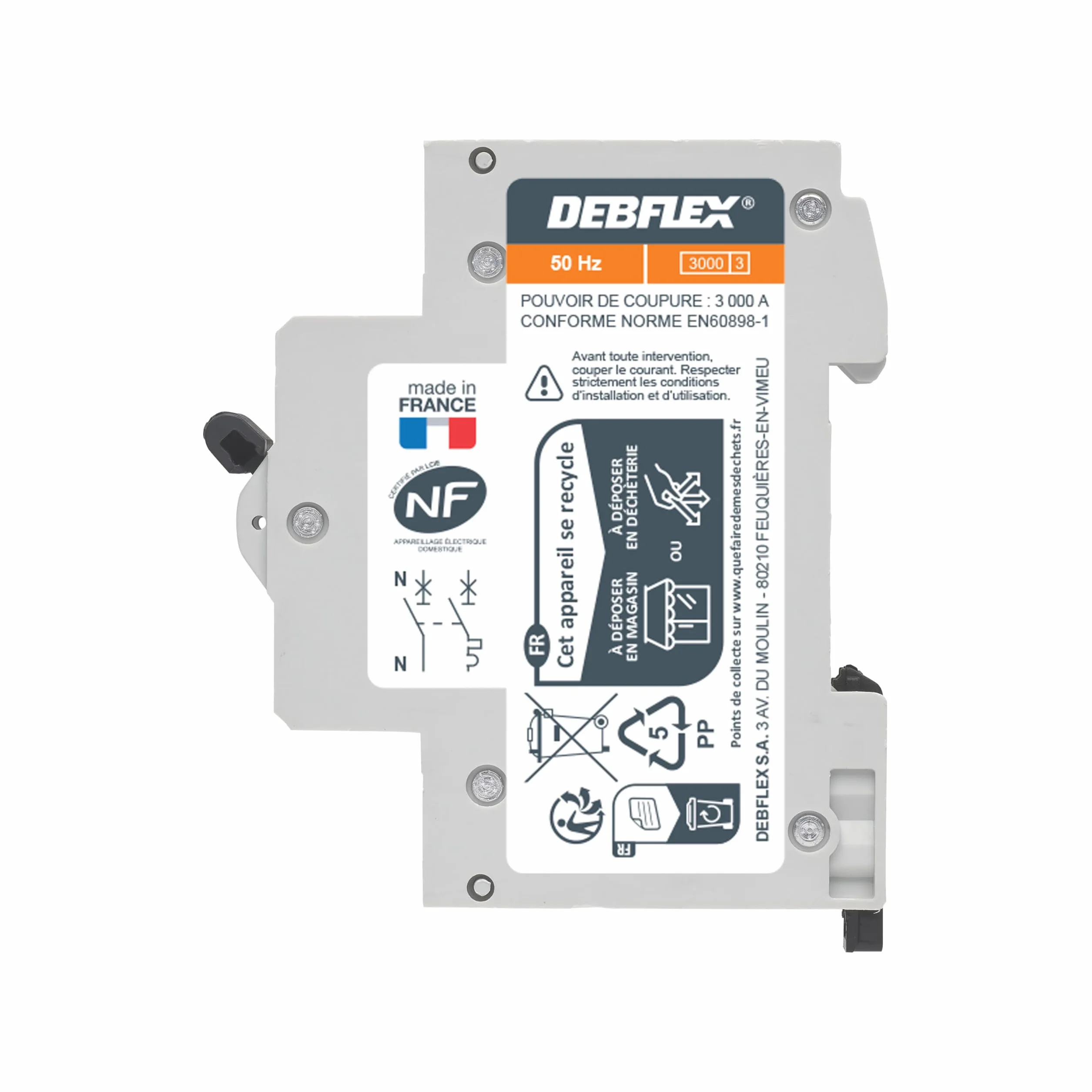 DEBFLEX Disyuntor 10A Fase + Neutro 3KA Módulo Cortocircuitos Certificado NF Gris
