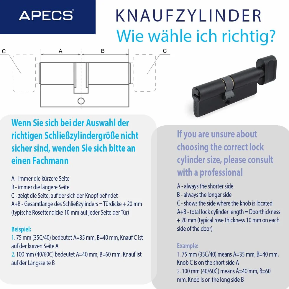 Cilindro con pomo negro APECS cilindro de cerradura con pomo cerradura de cilindro 65 (30/35C) mm para cerradura de puerta de entrada con 5 llaves modelo SM-65(30/35C)-C-BLM