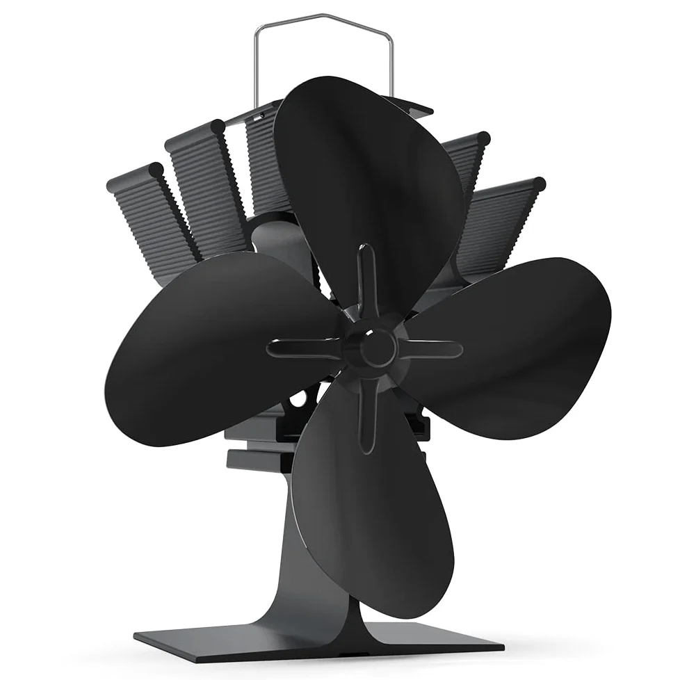 VOUNOT® Ventilador Chimenea Sin Electricidad, Ventilador Estufa de 4 Aspas Alimentado por Calor para Leña/Quemador de Tronco Silencioso, Circulación de Calor, Negro