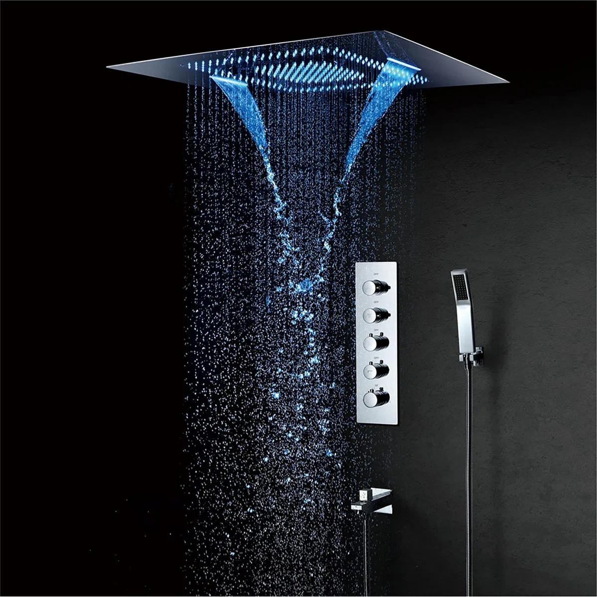 Juego de grifo termostático LED de ducha de acero inoxidable 304, cabezal de ducha de 60 x 80 cm, cascada, lluvia brumosa, juego de mezclador de ducha de baño de 3 funciones, cromado, control de