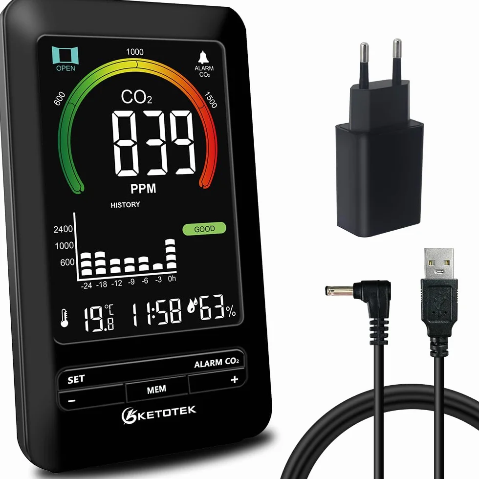 KETOTEK Medidor de CO2, Detector de CO2, Monitor de Calidad del Aire analizador con Alarma, Detector de dióxido de Carbono, Temperatura, Humedad