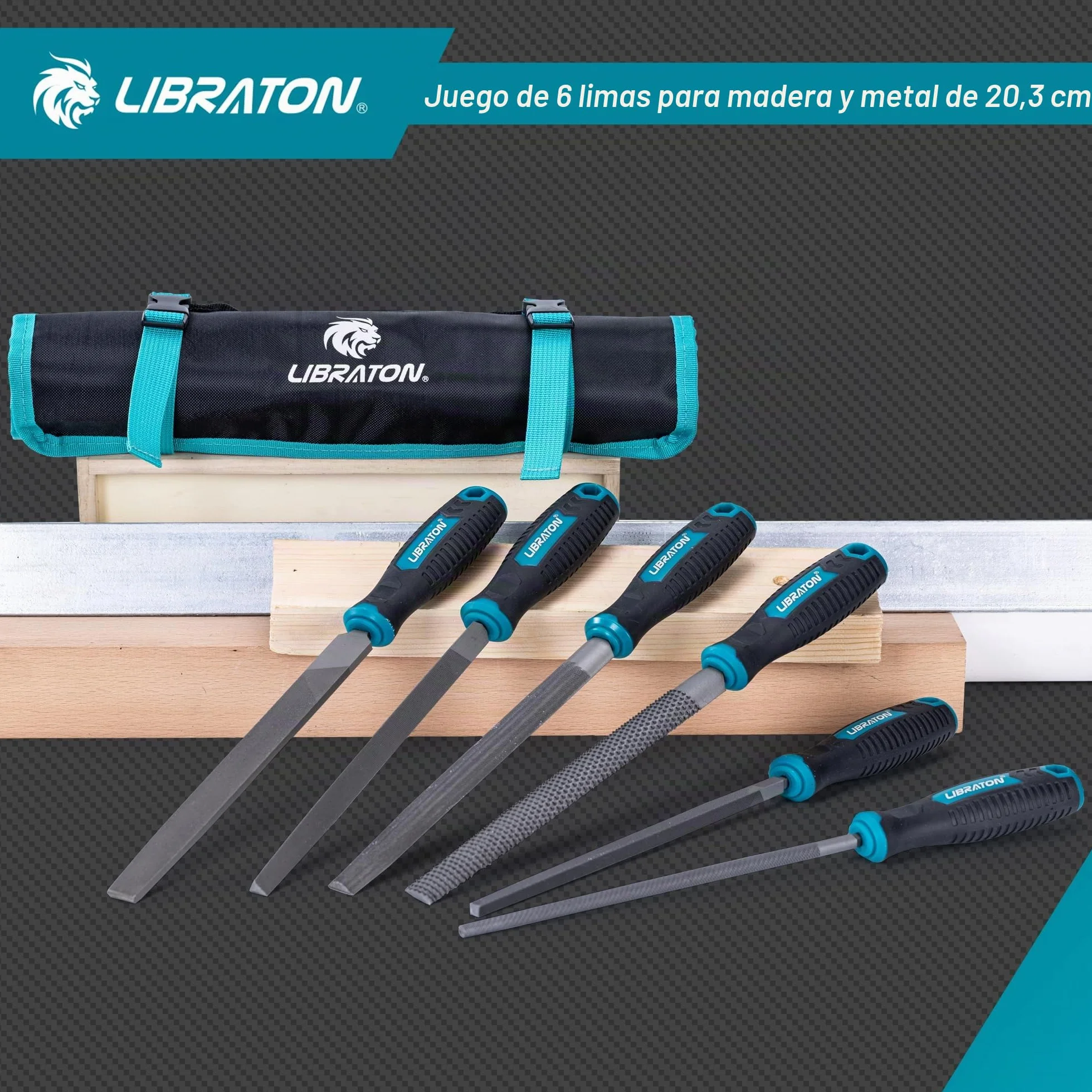 Libraton Limas de Metal, Limas para Metal de 6 Piezas, Limas de Acero con Alto Contenido de Carbono, Lima Metálica con Mango de Goma, Juego de Limas de 8 Pulgadas Incl 1 Escofina para Madera