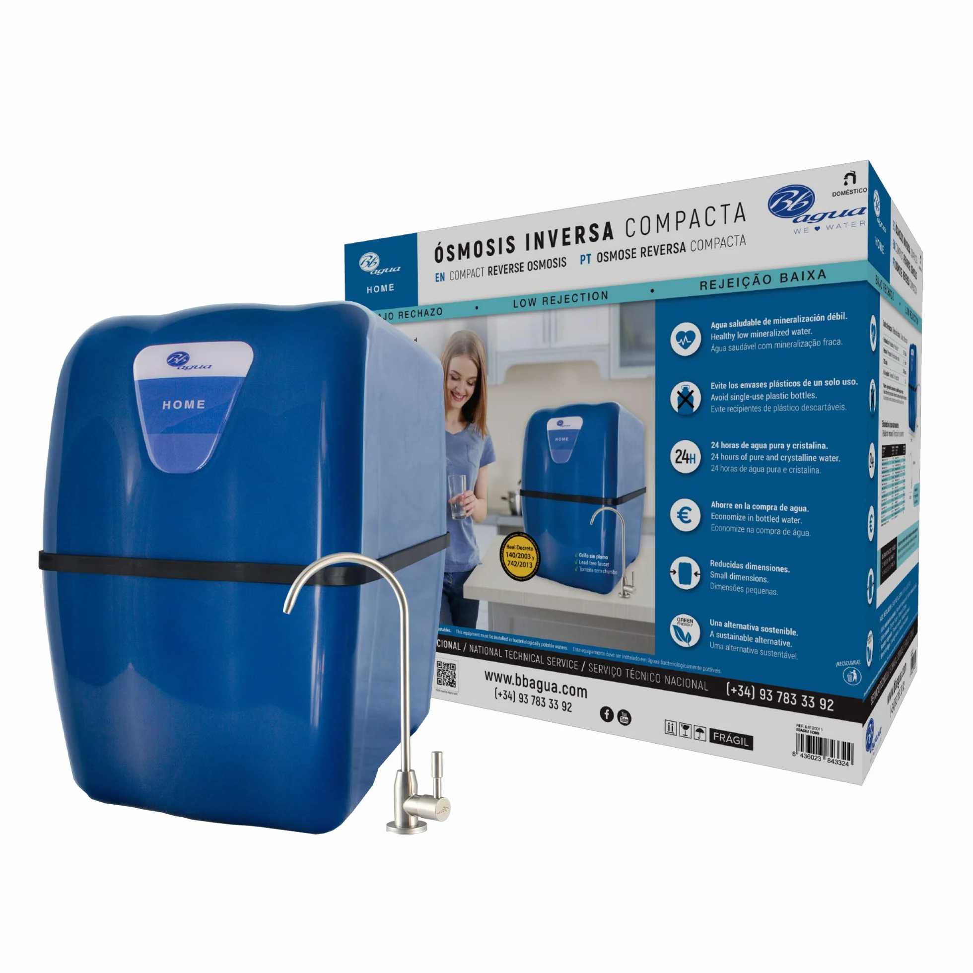 Bbagua Home. Equipo de Osmosis Inversa Compacta de 5 Etapas. Fácil Instalación bajo encimera y cambio de Filtros. Bajo rechazo. Agua saludable de mineralización débil.