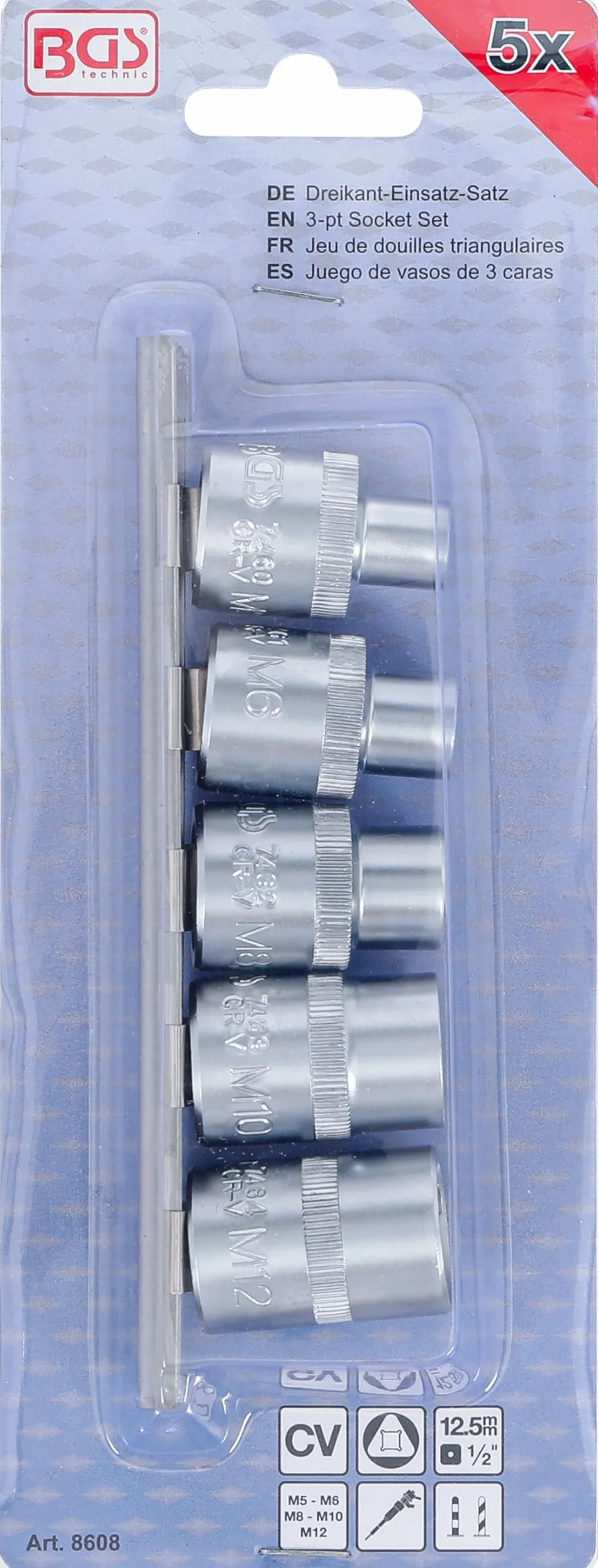 BGS 8608 | Juego de vasos de 3 caras | M5 - M12 (8 - 16,5 mm) | 5 piezas