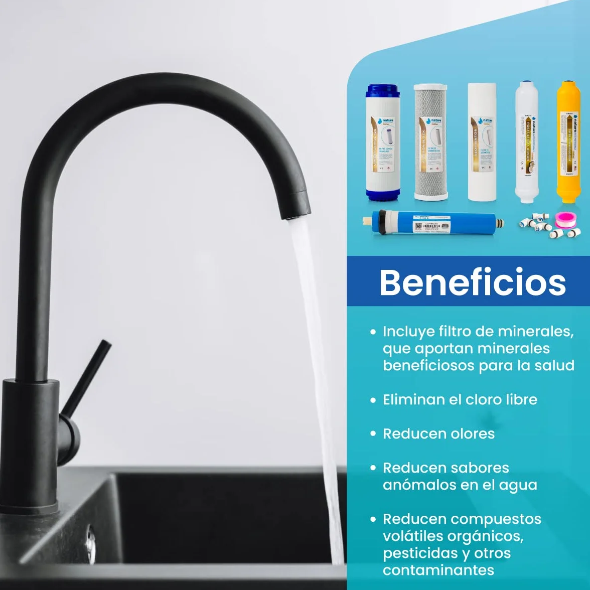 Kit de 5 Filtros Universales para Osmosis Inversa - Incluye Membrana Vontron de 50GPD, Rollo de Teflón, Conectores y T - Ideal para Equipo de 6 Etapas Universal - Nature Water Professionals