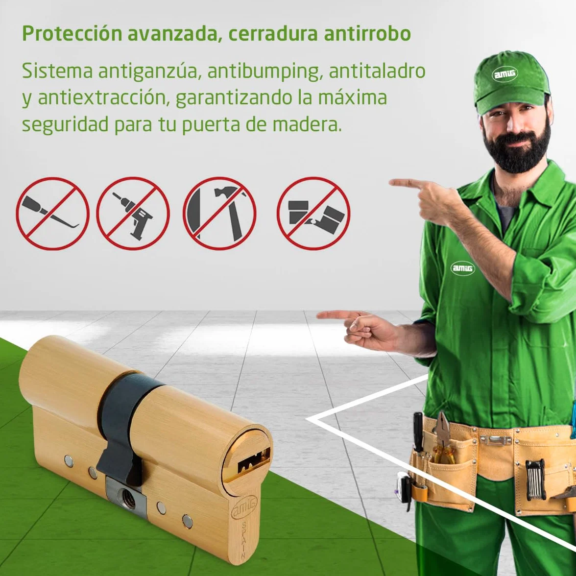 Amig - Cilindro de seguridad - Cerradura para puertas - Antiganzúa y Antibumping - Bombín Antiextracción y Antirotura - Incluye 5 llaves - Dorado mate - Medidas: 70 (30-40) mm