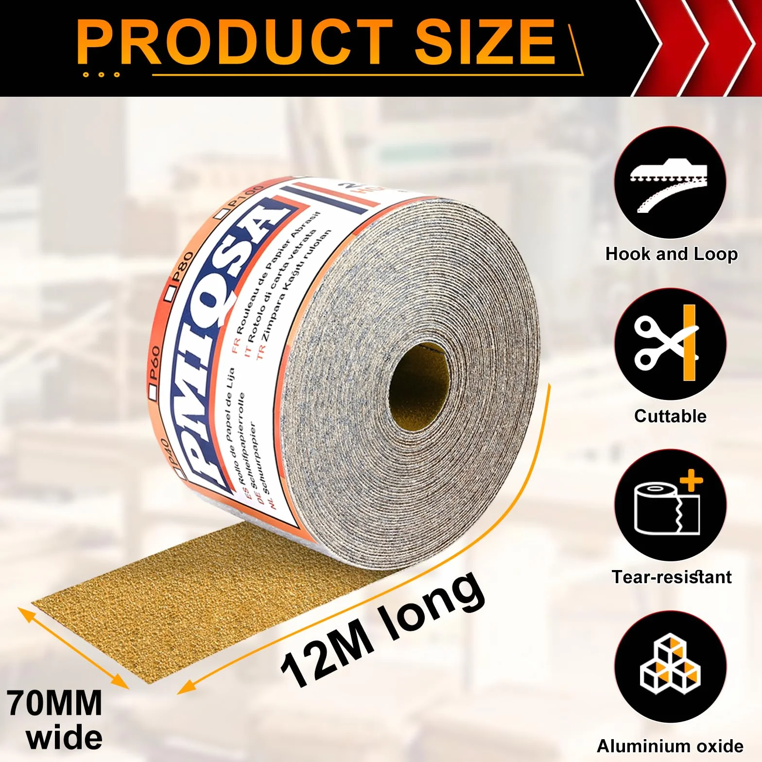 Rollo De Papel De Lija Con Gancho Y Bucle, 12m X 70mm, Grano 600, Papel De Lija De óXido De Aluminio, Adecuado Para AutomocióN, Lijado De Madera Y Metalurgia(Amarillo)