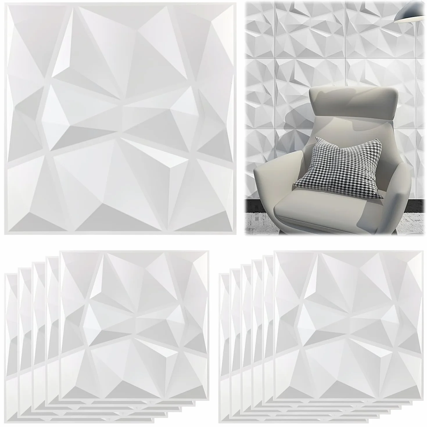 12 Piezas Panel de Pared de 3D Diamante 30 x 30 cm para Decoración de Paneles Decorativos en Blanco, Revestimiento de Paredes PVC, Resistentes al Agua, Resistentes al Calor, Inodoros, Blancos Mate