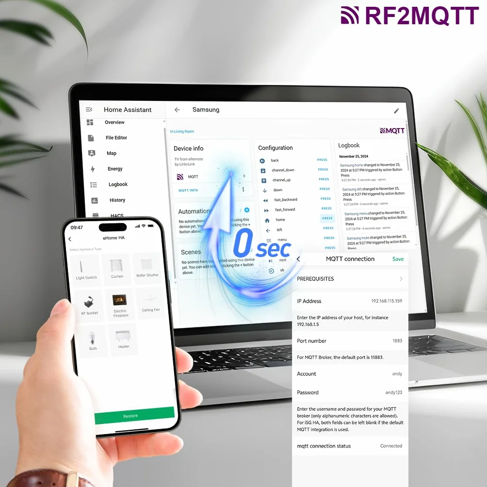eHome HA Wi-Fi Smart RF Mando Universal Controlador RF Interruptores Luz Ventiladores Techo Motores Persiana RF2MQTT Home Assistant Compatible Alexa Google Home