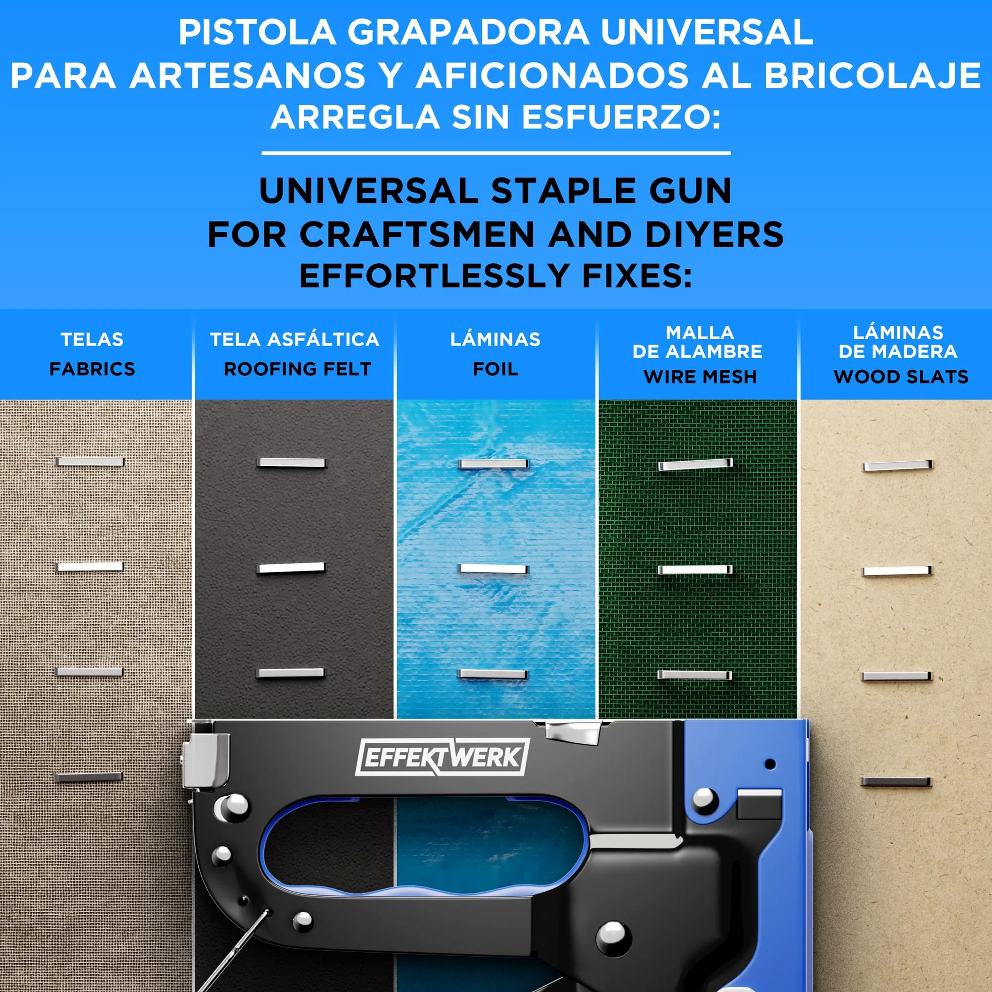 Set de Grapadora 5 en 1 - Grapadora de Alta Resistencia + 1500 Grapas + Quitagrapas para Madera, Tela, Malla Metálica - Construcción, Manualidades, Tapicería